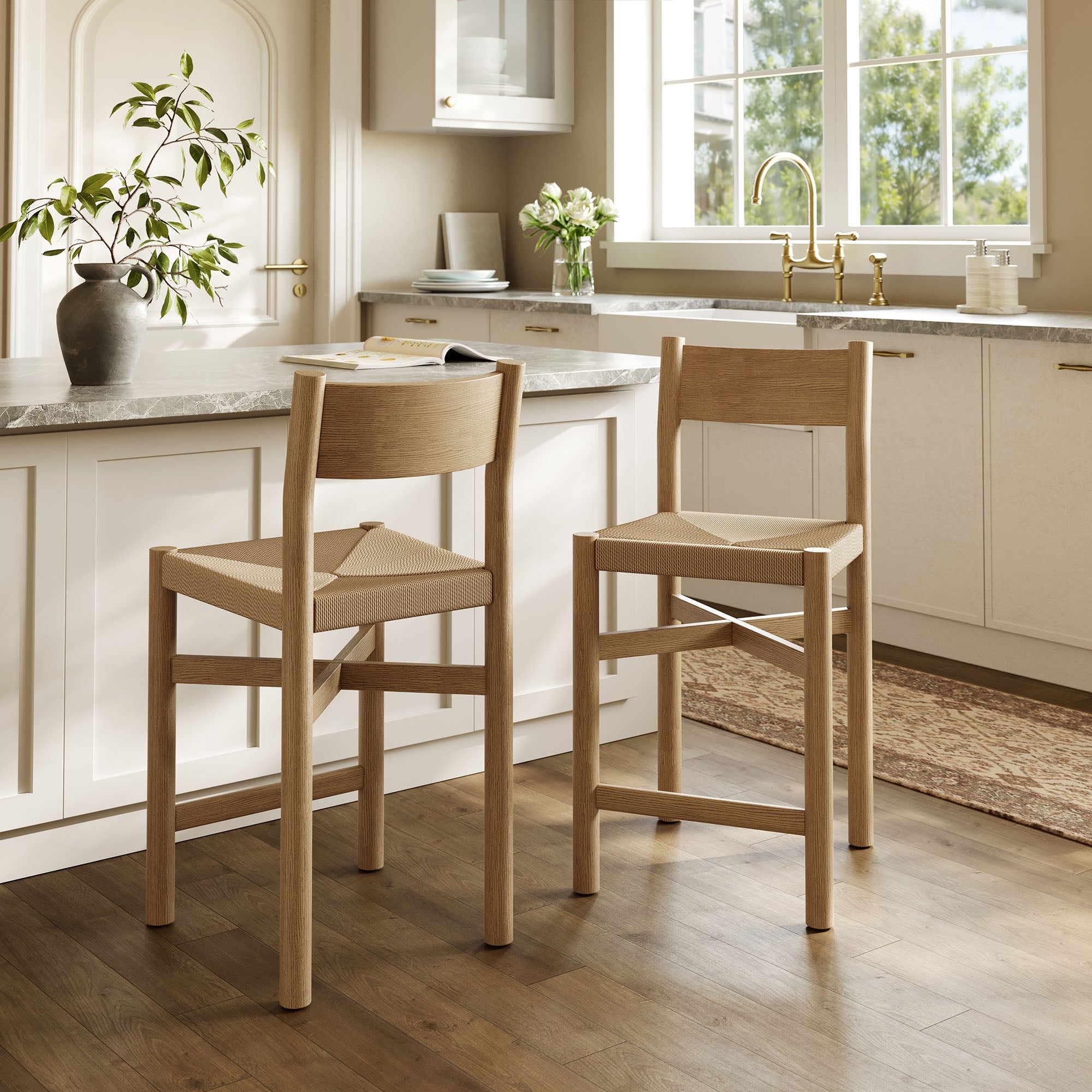 Alvia Oak Wood Counter Stools With Woven Seats Set of 2 view 2