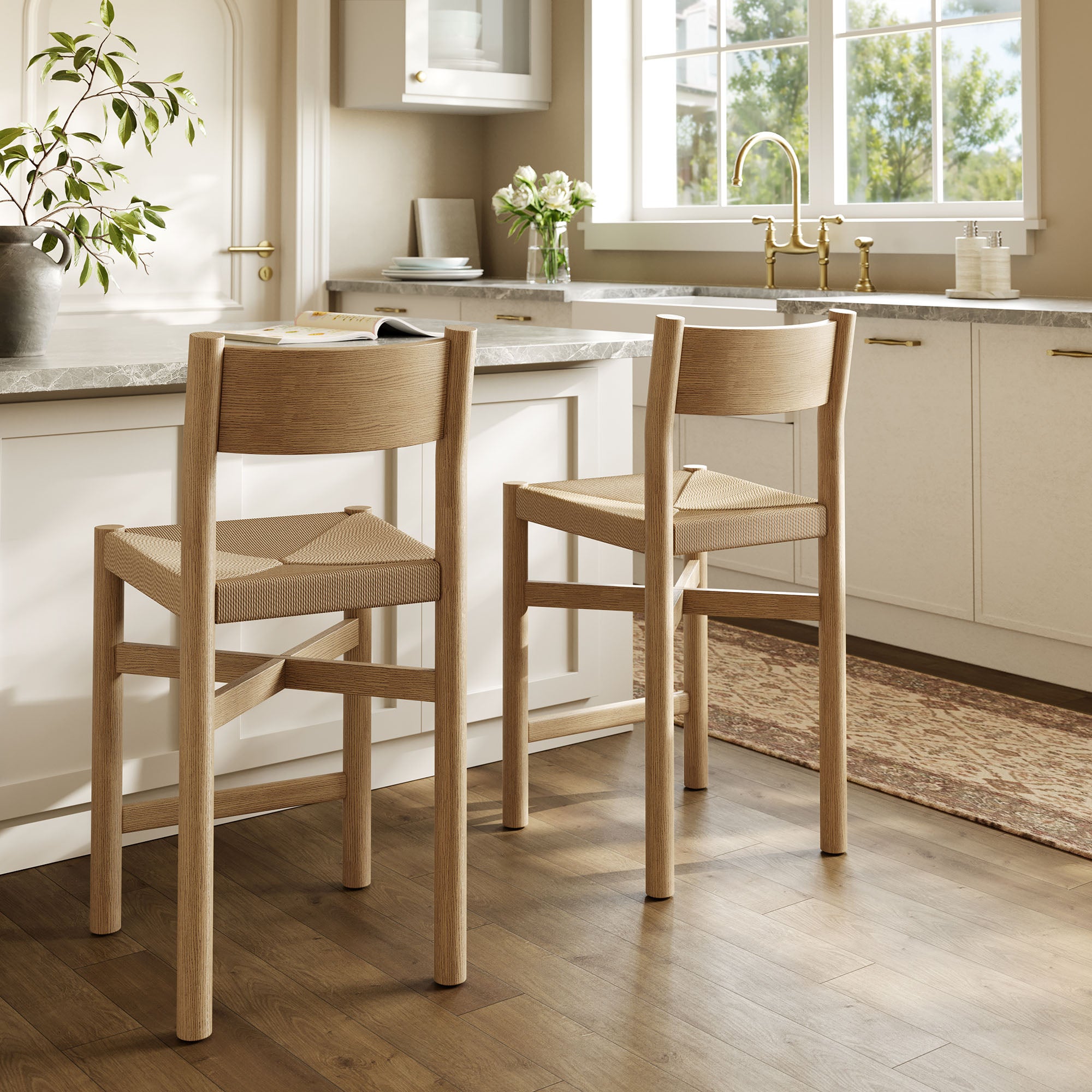 Alvia Oak Wood Counter Stools With Woven Seats Set of 2 view 5