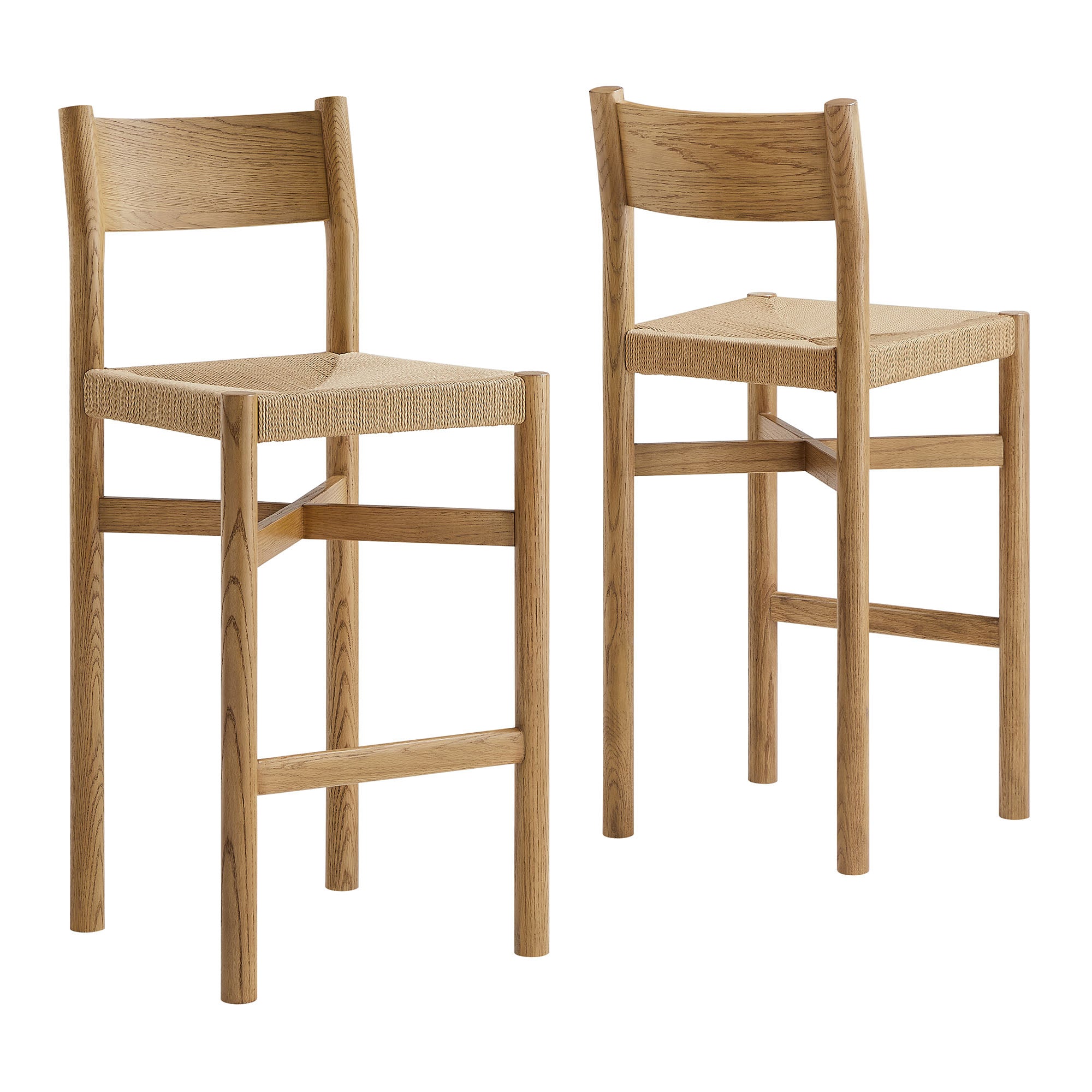 Alvia Oak Wood Bar Stools With Woven Seats Set of 2 view 1