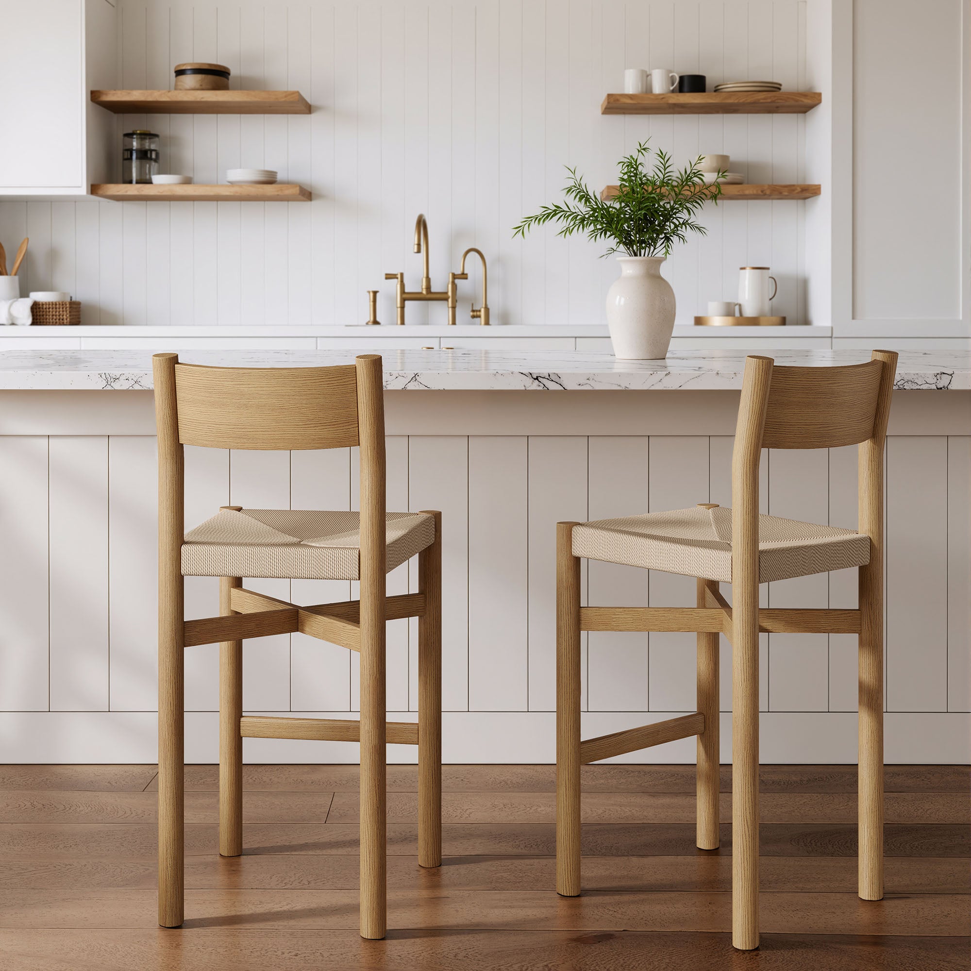 Alvia Oak Wood Bar Stools With Woven Seats Set of 2 view 5