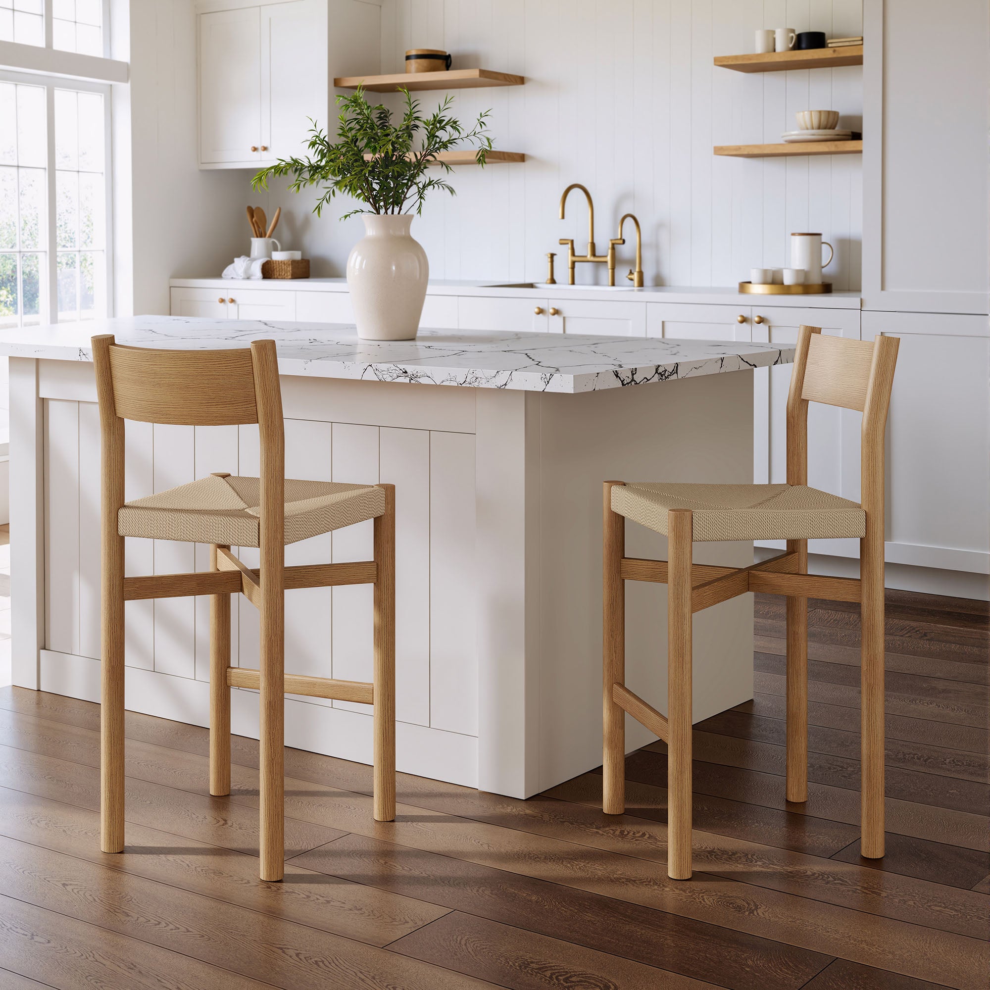 Alvia Oak Wood Bar Stools With Woven Seats Set of 2 view 2