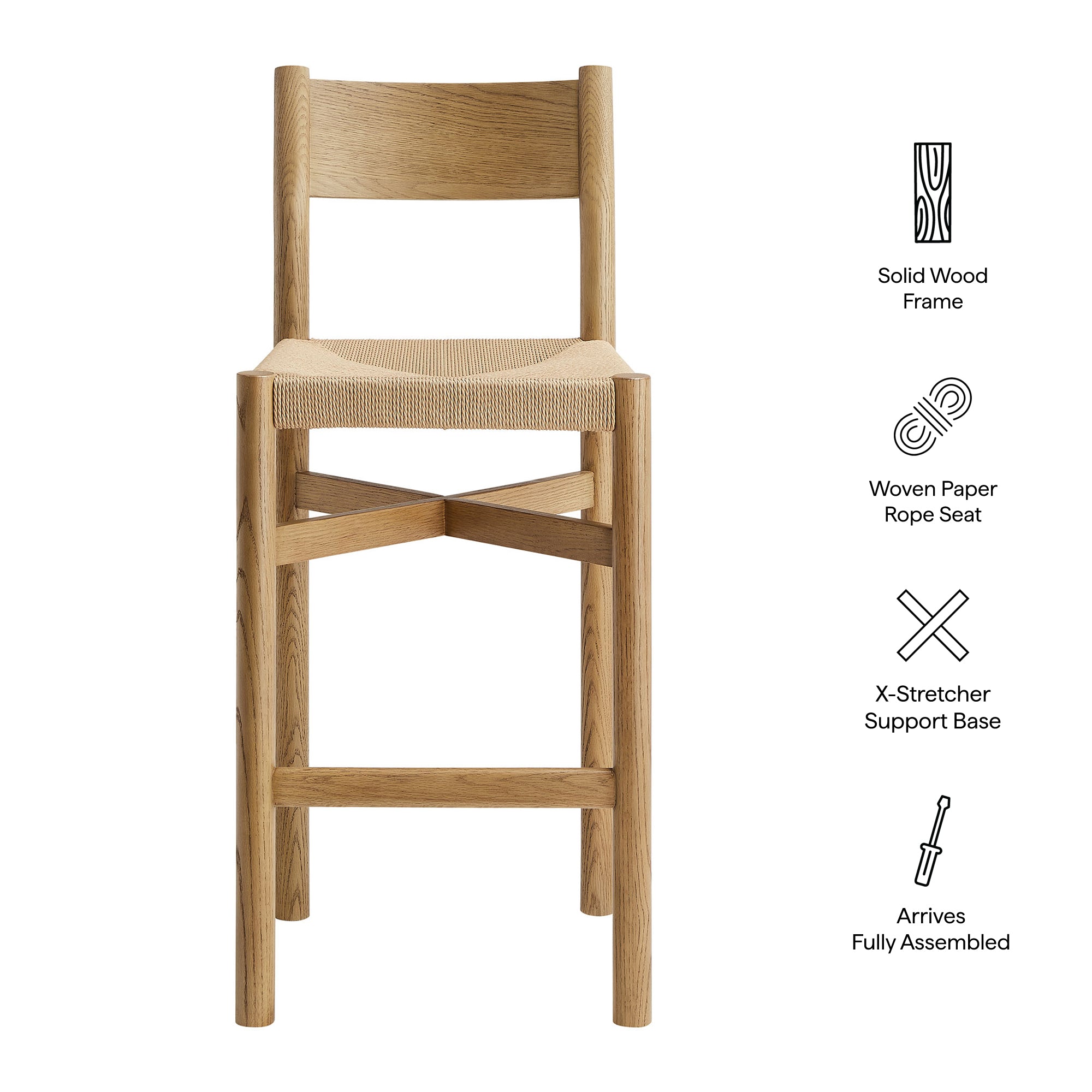 Alvia Oak Wood Bar Stools With Woven Seats Set of 2 view 3