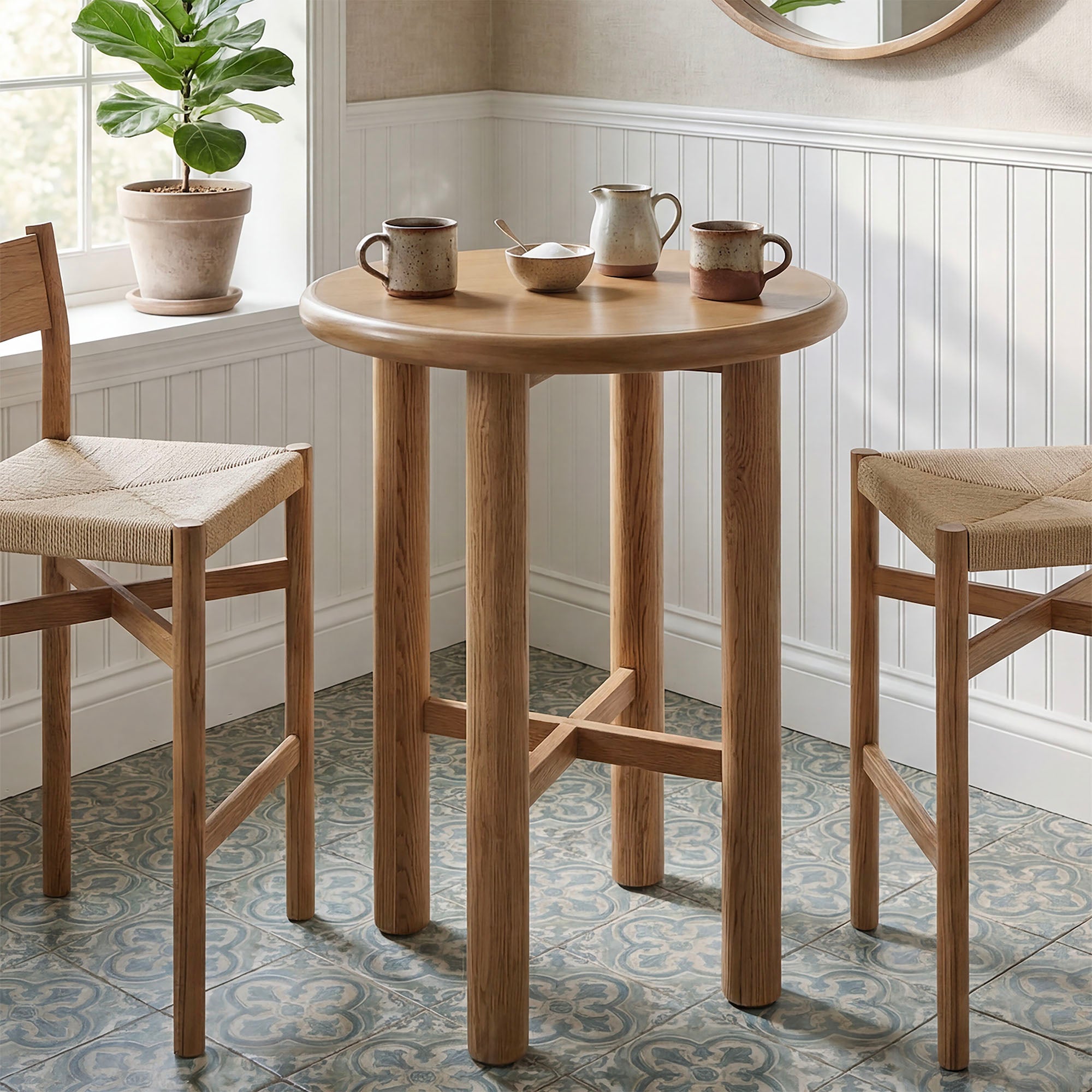Alvia Round 30″ Oak Wood Bar Table view 2