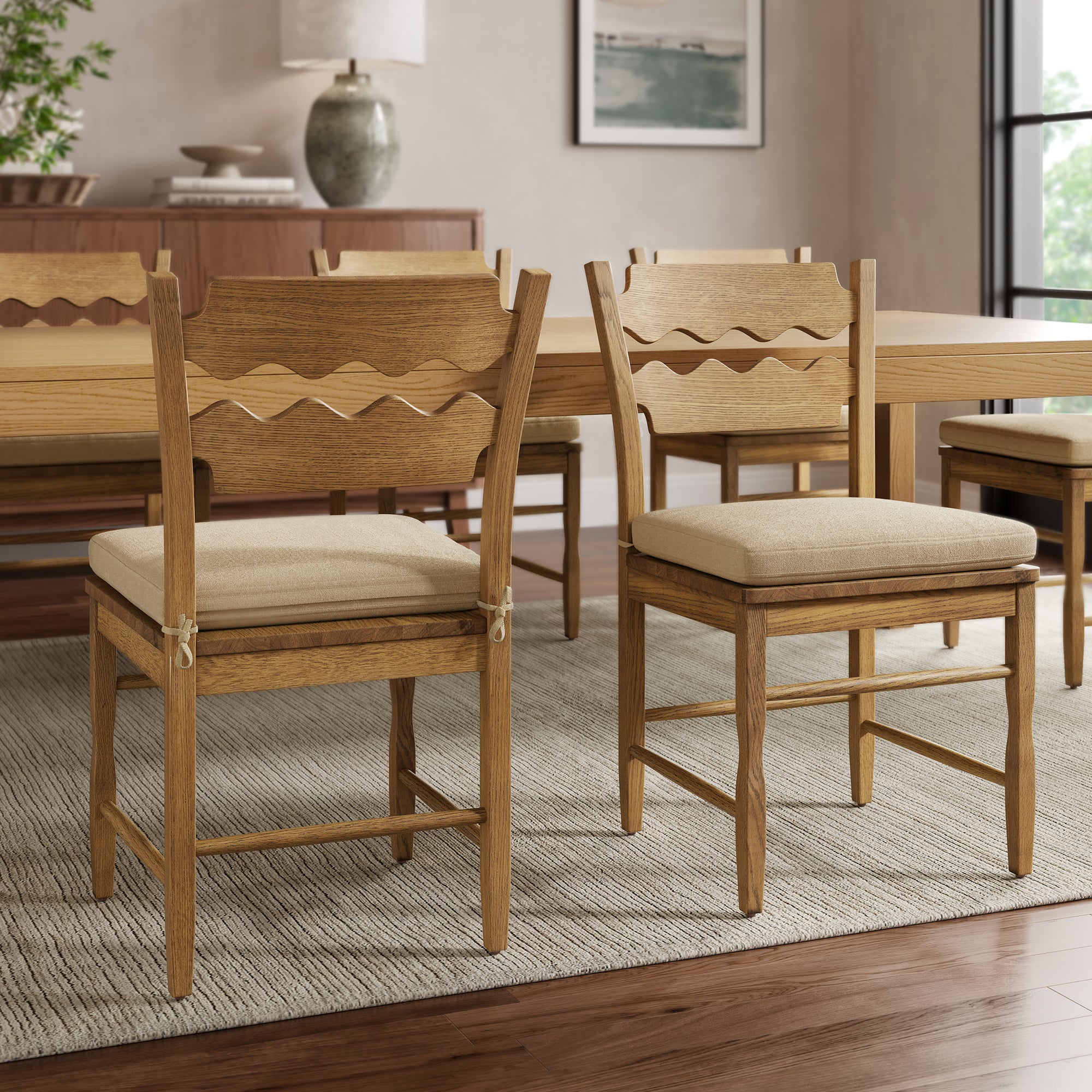 Jax Oak Wood Dining Chair With Wavy Razor Back and Cushion Set of 2 - Image 2