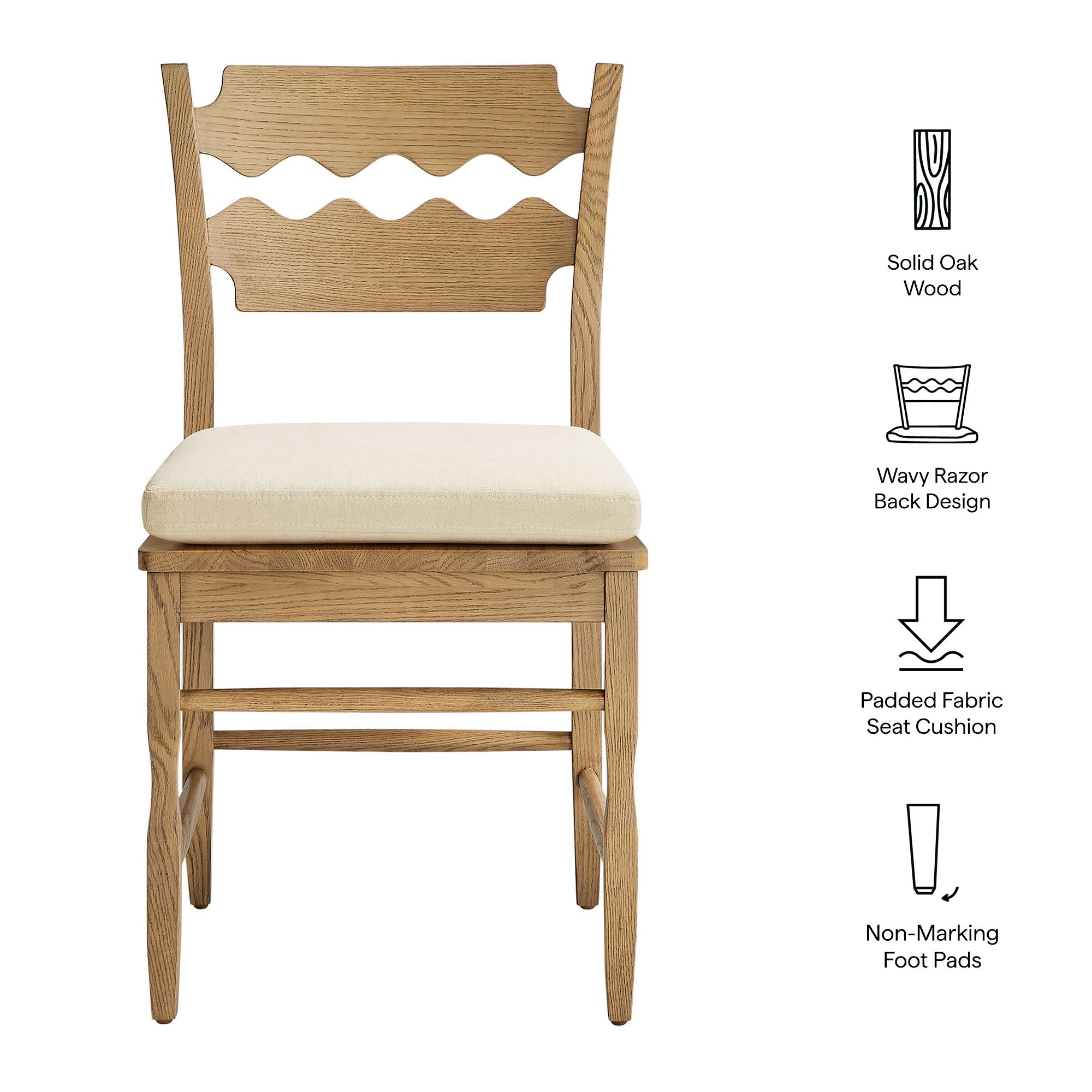 Jax Oak Wood Dining Chair With Wavy Razor Back and Cushion Set of 2 - Image 3