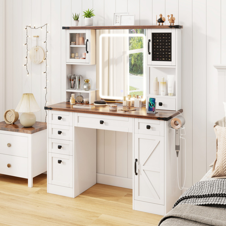 Farmhouse Vanity Desk with Lighted Mirror and 3 Doors view 2