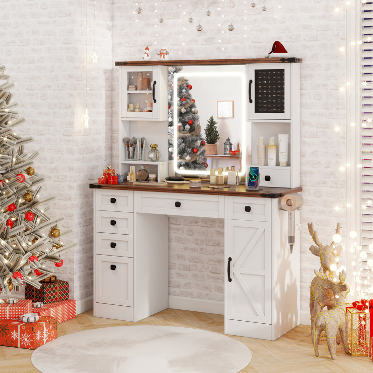 Farmhouse Vanity Desk with Lighted Mirror and 3 Doors view 3