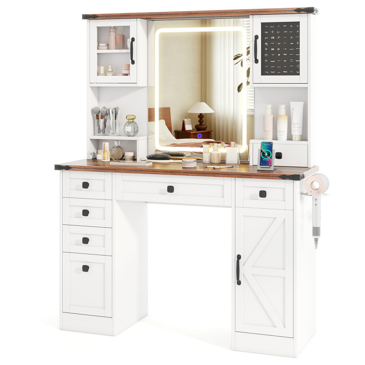 Farmhouse Vanity Desk with Lighted Mirror and 3 Doors view 1