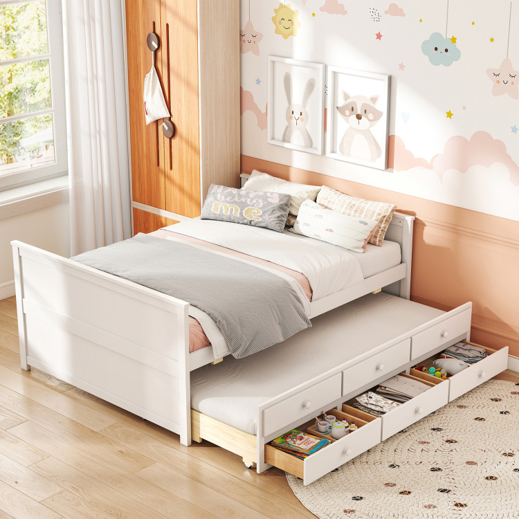 Full Size Bed Frame with Twin Trundle and 3 Storage Drawers for Teens Adults view 2
