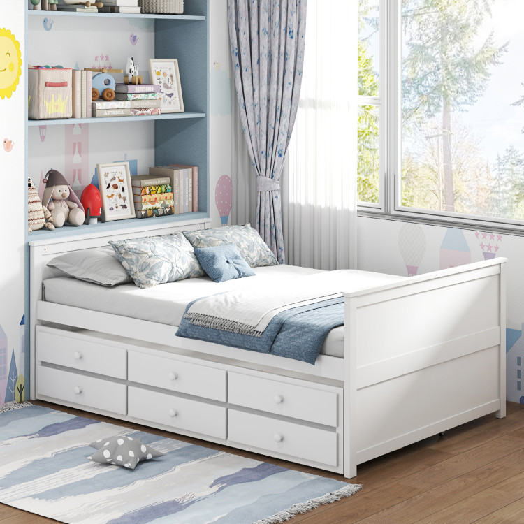 Full Size Bed Frame with Twin Trundle and 3 Storage Drawers for Teens Adults view 3