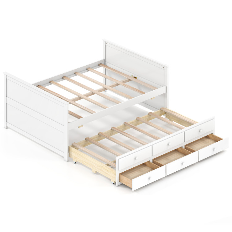 Full Size Bed Frame with Twin Trundle and 3 Storage Drawers for Teens Adults view 1