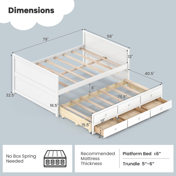 Full Size Bed Frame with Twin Trundle and 3 Storage Drawers for Teens Adults view 4