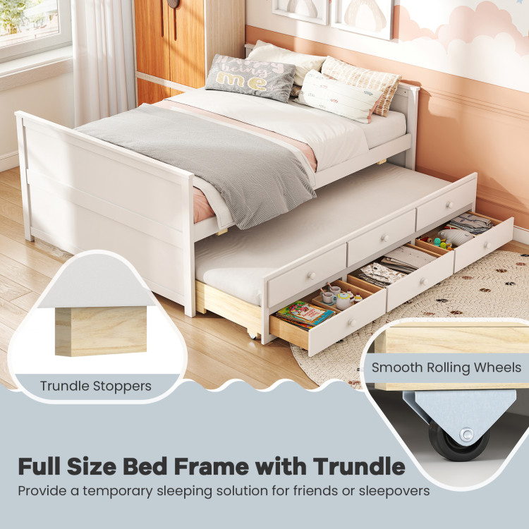 Full Size Bed Frame with Twin Trundle and 3 Storage Drawers for Teens Adults view 5