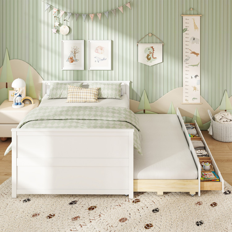 Full Size Bed Frame with Twin Trundle and 3 Storage Drawers for Teens Adults view 7