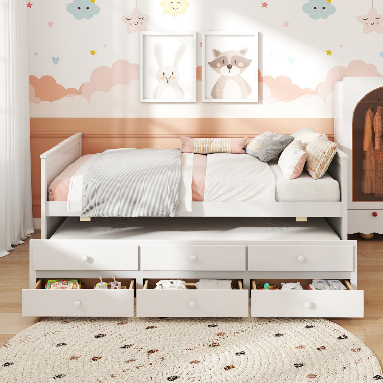 Full Size Bed Frame with Twin Trundle and 3 Storage Drawers for Teens Adults view 8