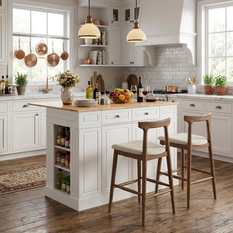 Kitchen Island with Storage with 2 Counter Height Solid Wood Bar Stools Set view 2