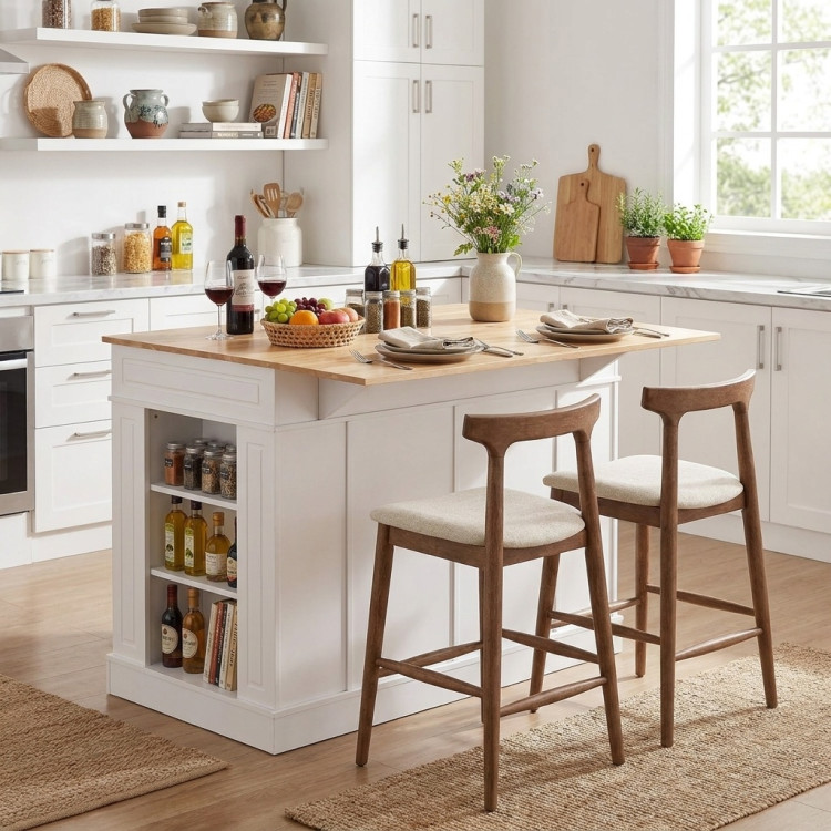 Kitchen Island with Storage with 2 Counter Height Solid Wood Bar Stools Set view 4