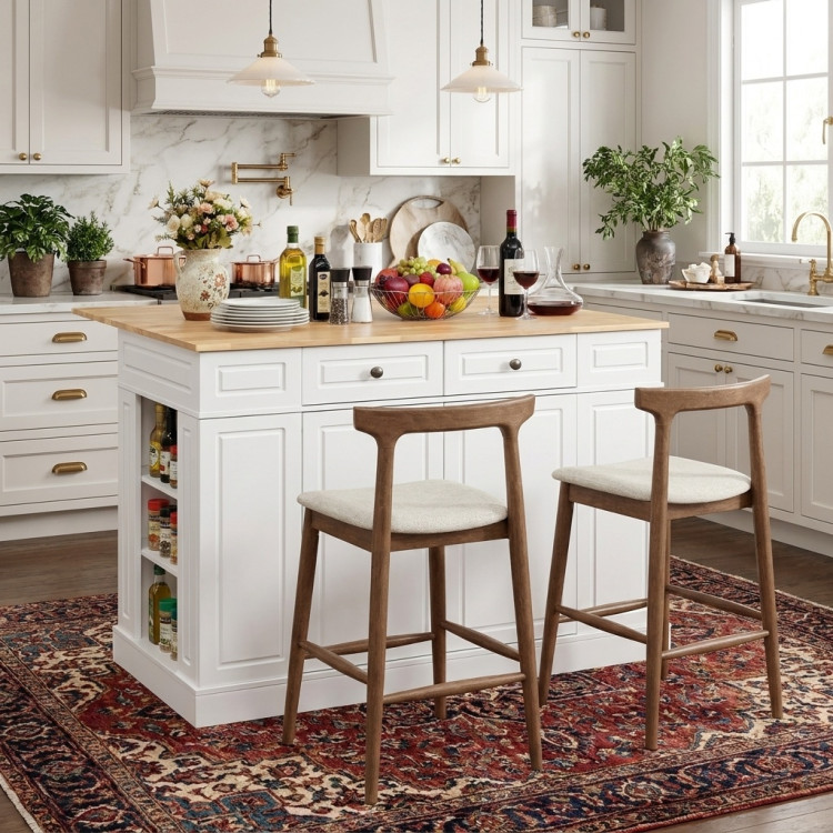 Kitchen Island with Storage with 2 Counter Height Solid Wood Bar Stools Set view 3