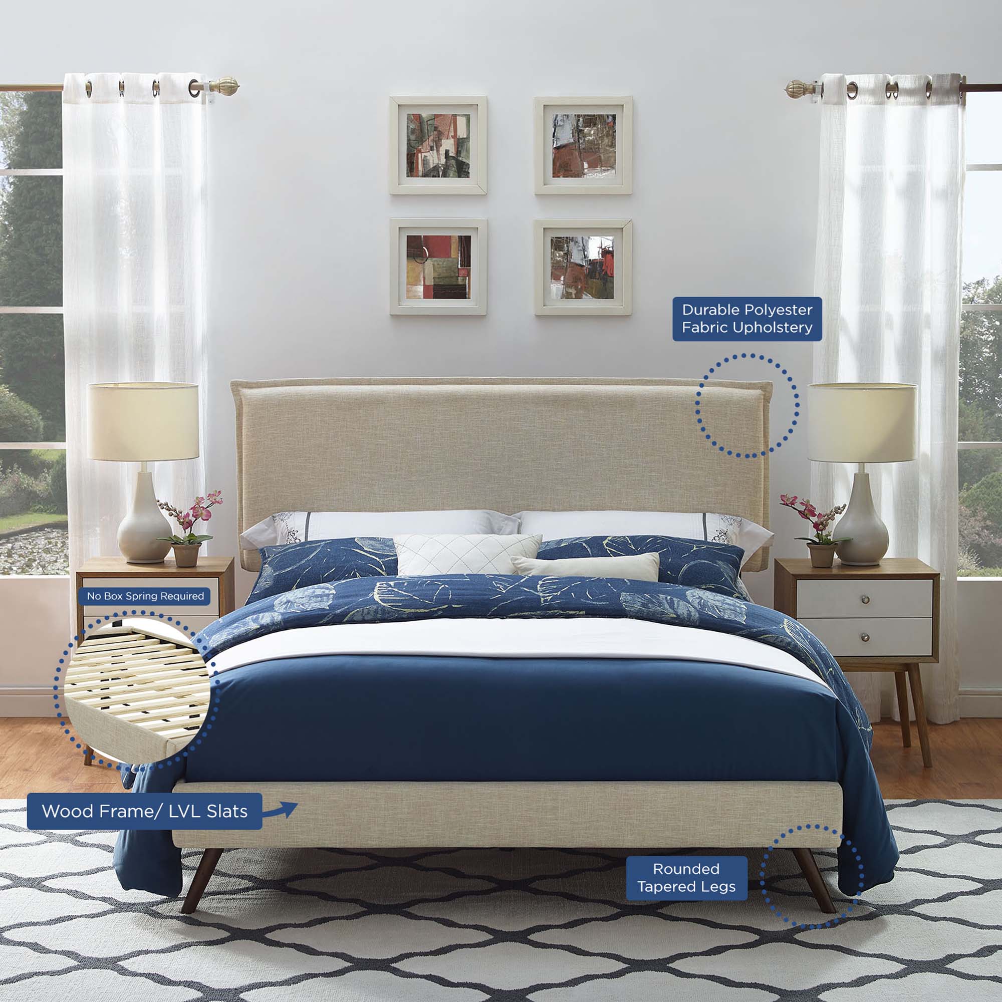 Amaris Fabric Platform Bed with Round Splayed Legs view 3