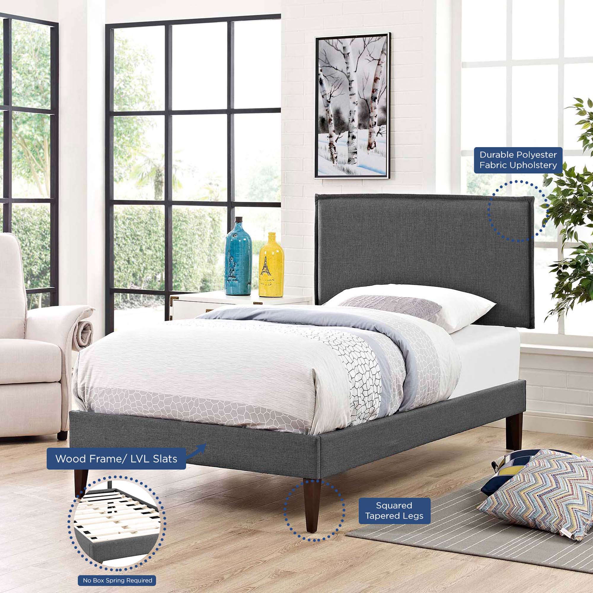 Amaris Fabric Platform Bed with Squared Tapered Legs view 3