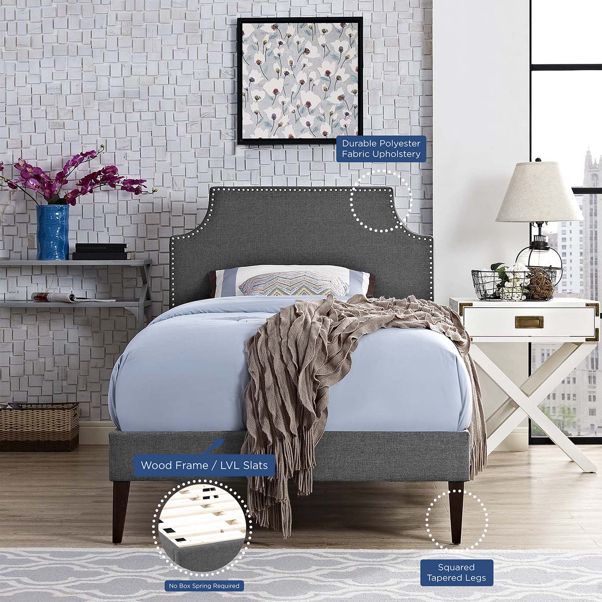 Corene Fabric Platform Bed with Squared Tapered Legs view 3