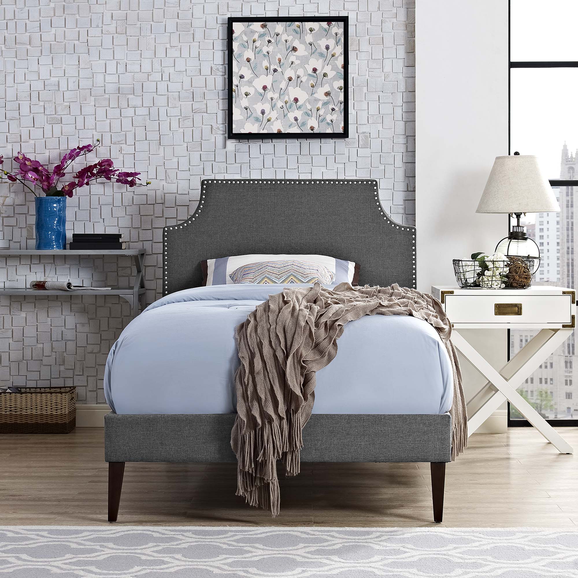 Corene Fabric Platform Bed with Squared Tapered Legs view 2