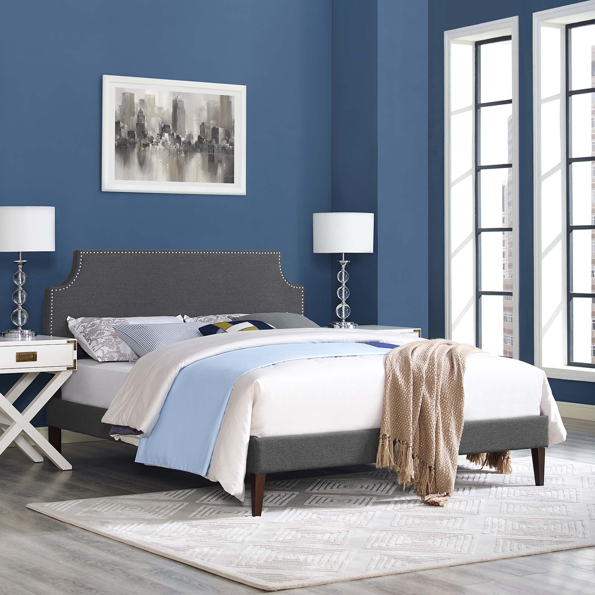 Corene Fabric Platform Bed with Squared Tapered Legs view 7