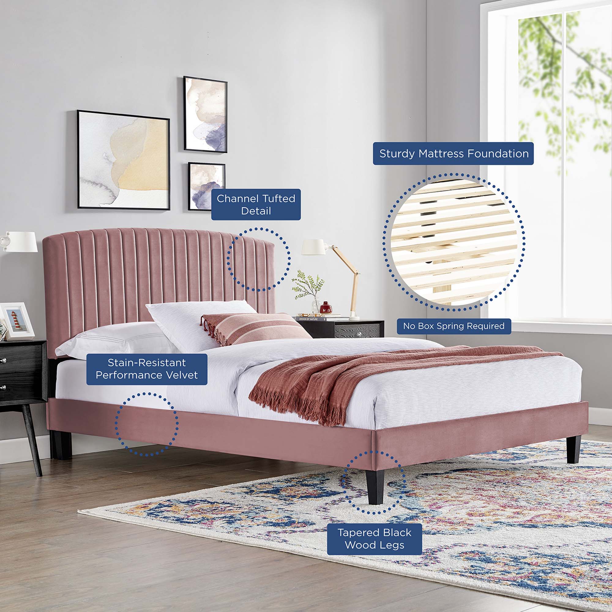Alessi Performance Velvet Platform Bed With Black Wood Legs view 7