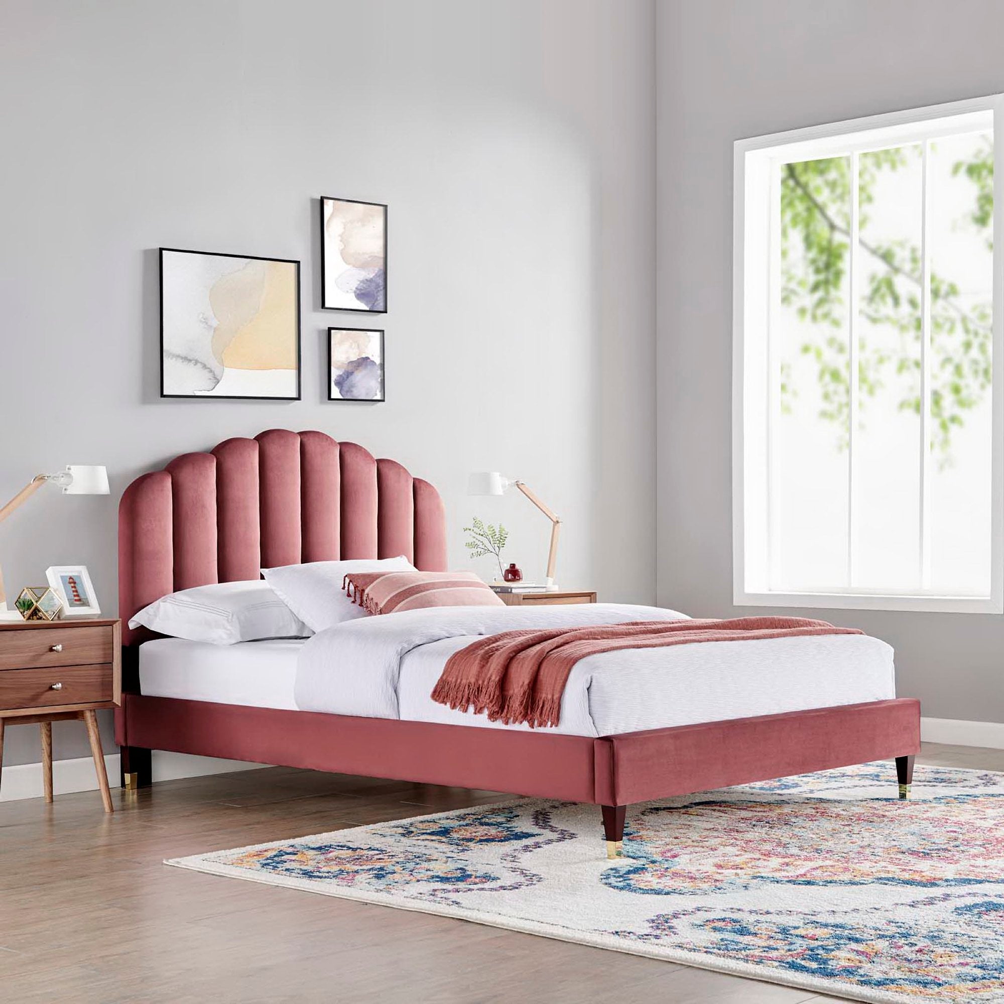 Daisy Performance Velvet Platform Bed Wood and Gold Legs view 8
