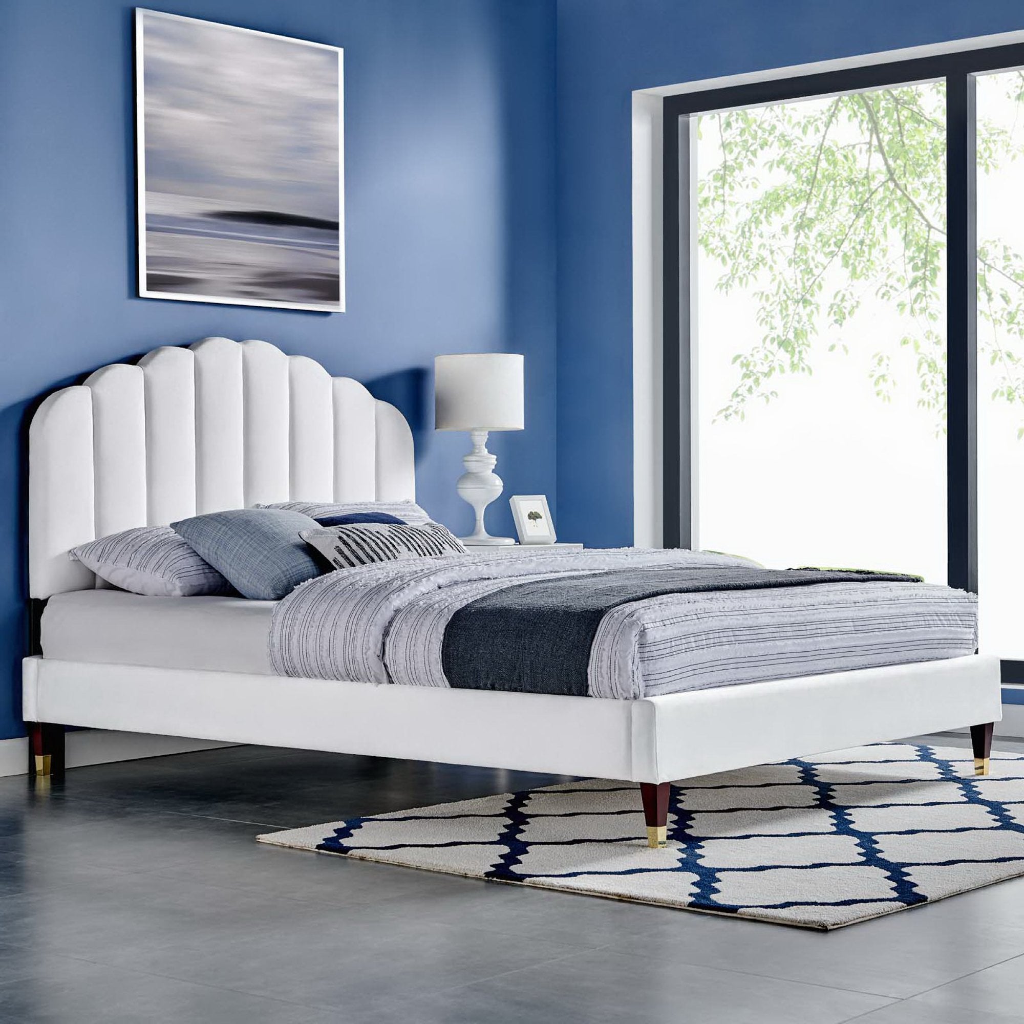 Daisy Performance Velvet Platform Bed Wood and Gold Legs view 2