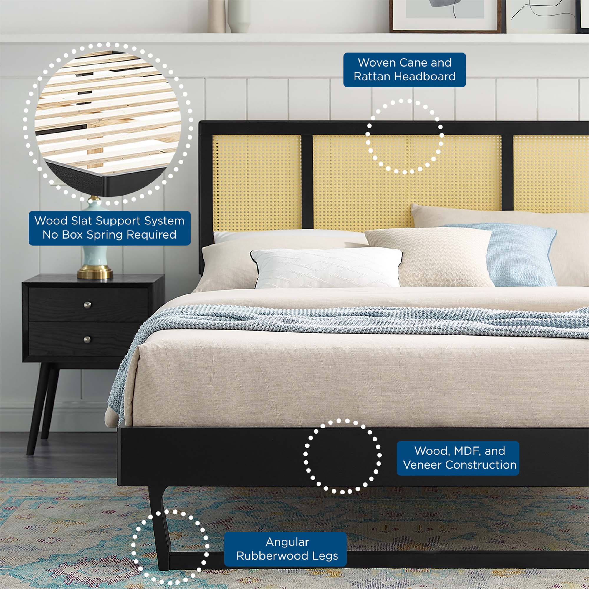 Kelsea Cane and Wood Platform Bed With Angular Legs view 4