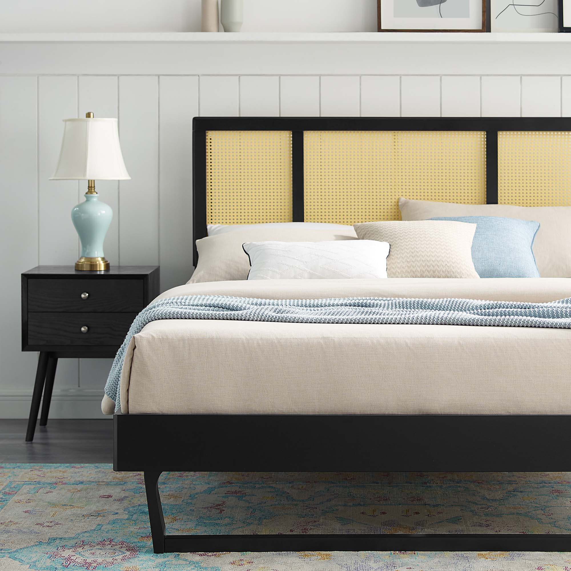 Kelsea Cane and Wood Platform Bed With Angular Legs view 5