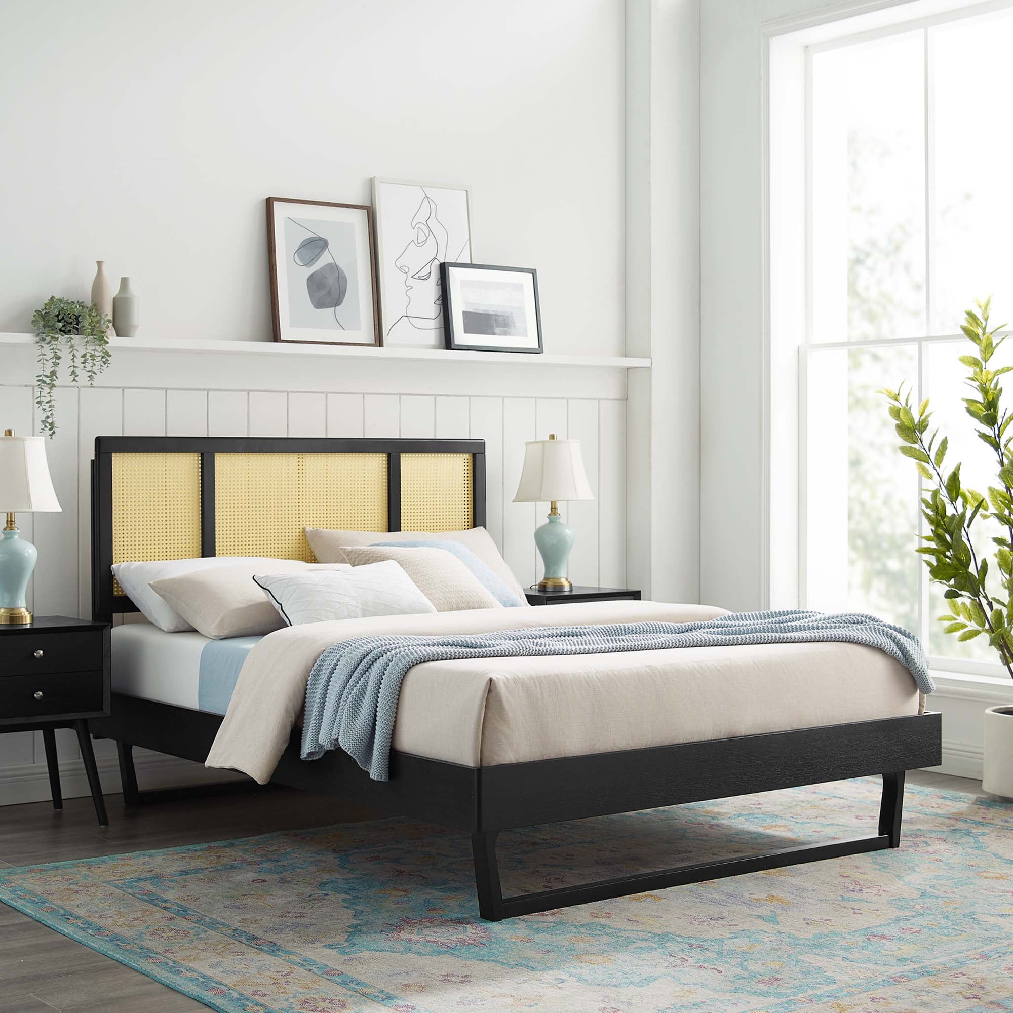 Kelsea Cane and Wood Platform Bed With Angular Legs view 2