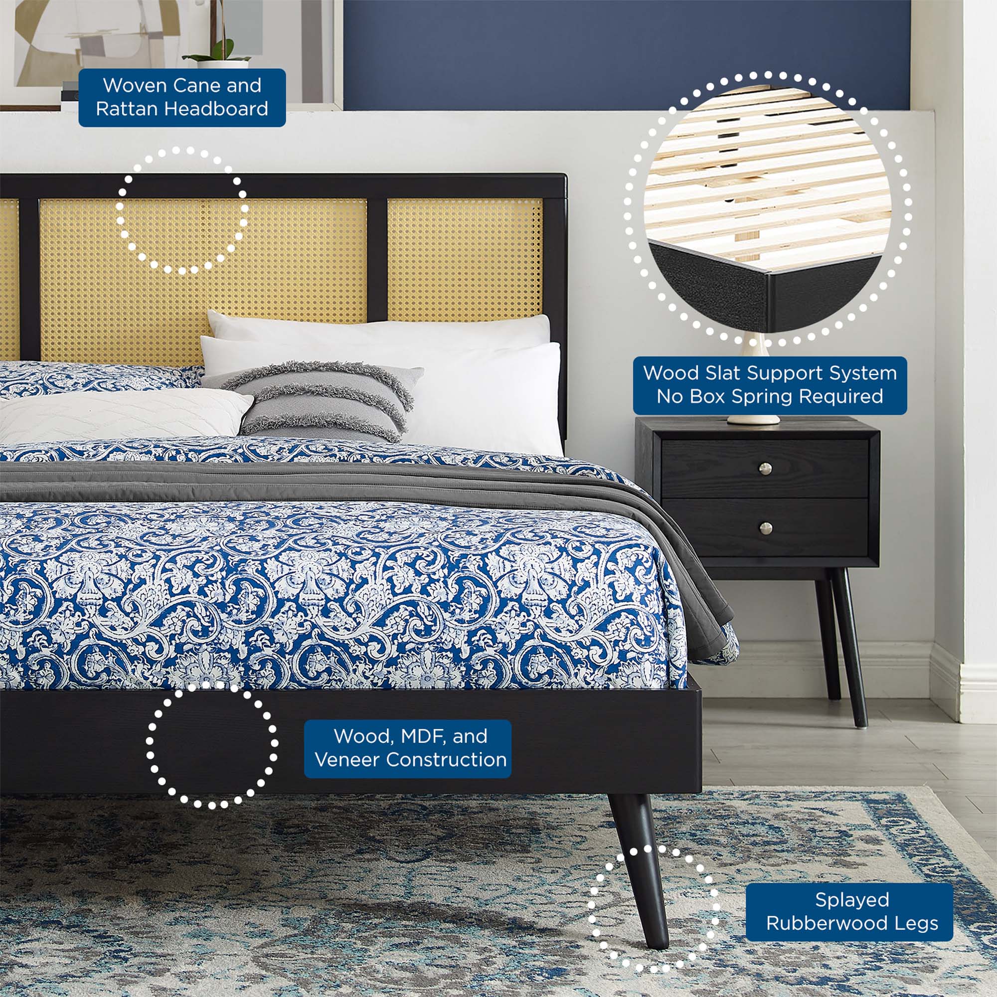 Kelsea Cane and Wood Platform Bed With Splayed Legs view 4