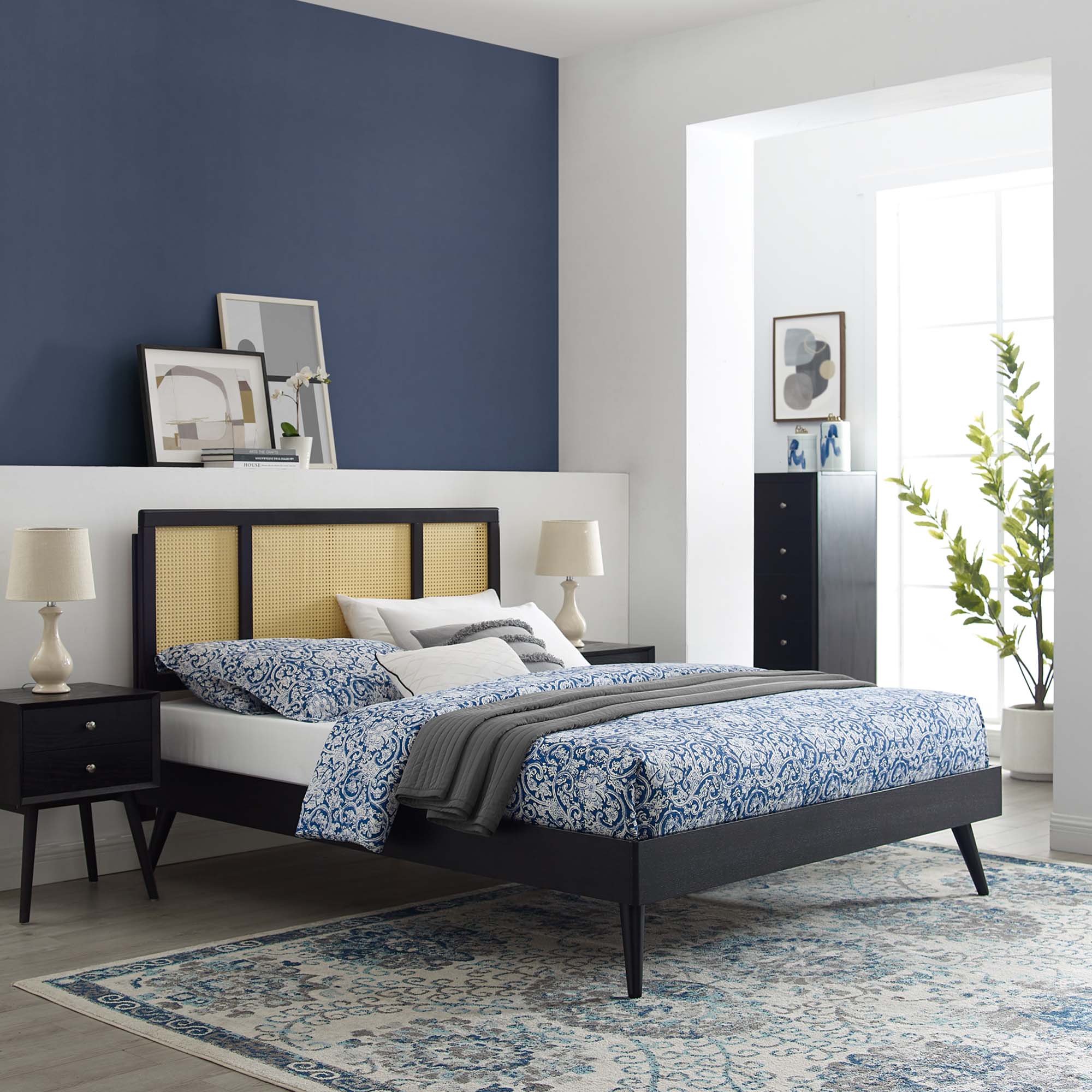 Kelsea Cane and Wood Platform Bed With Splayed Legs view 2