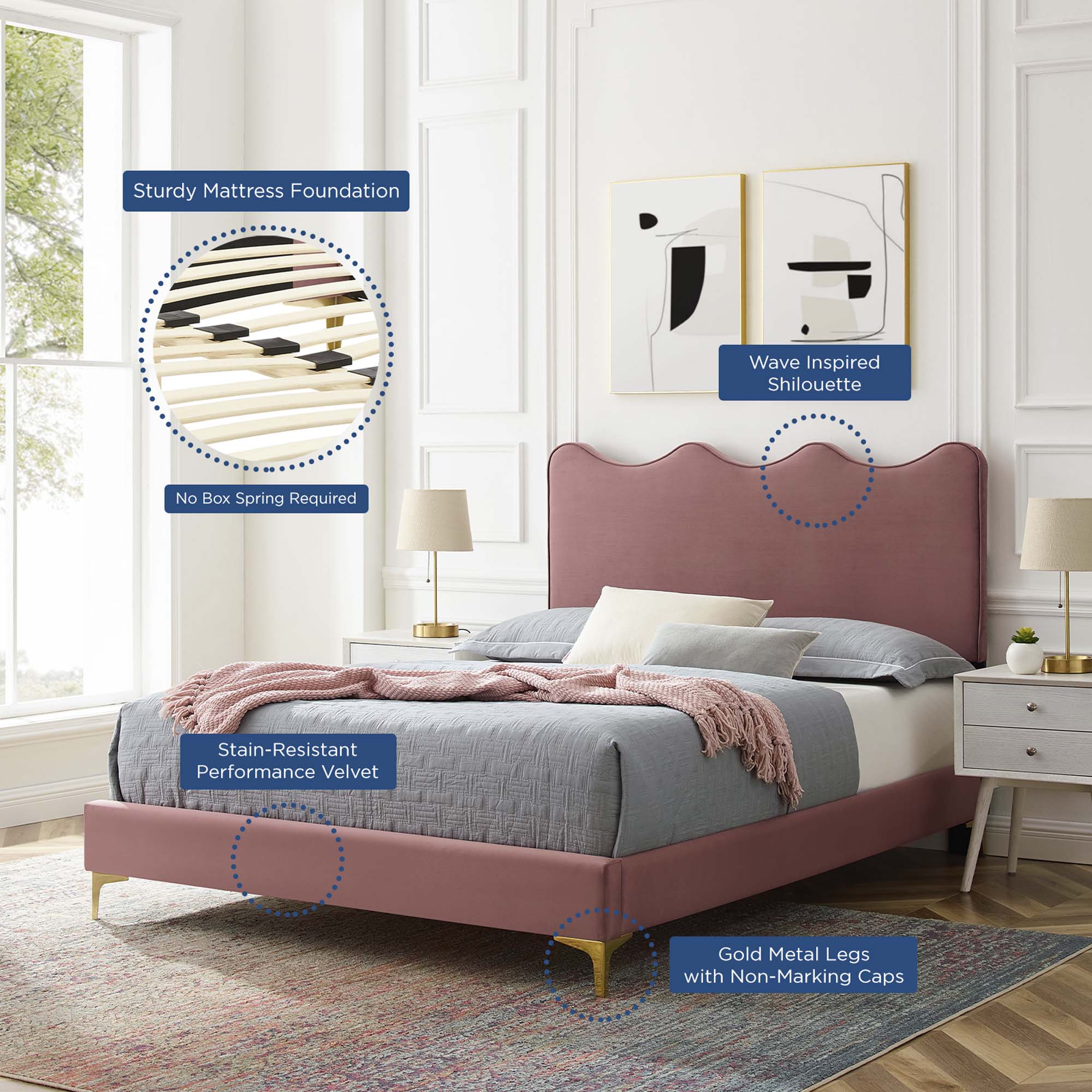 Current Performance Velvet Platform Bed With Gold Metal Legs view 5
