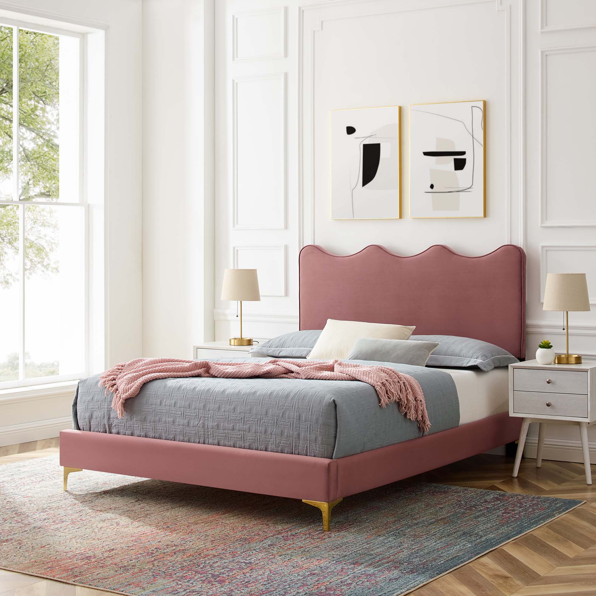 Current Performance Velvet Platform Bed With Gold Metal Legs view 2