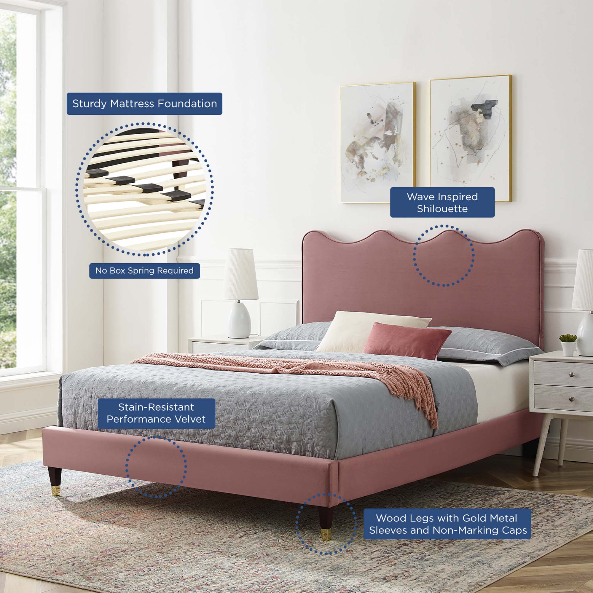 Current Performance Velvet Platform Bed With Wood and Gold Legs view 5
