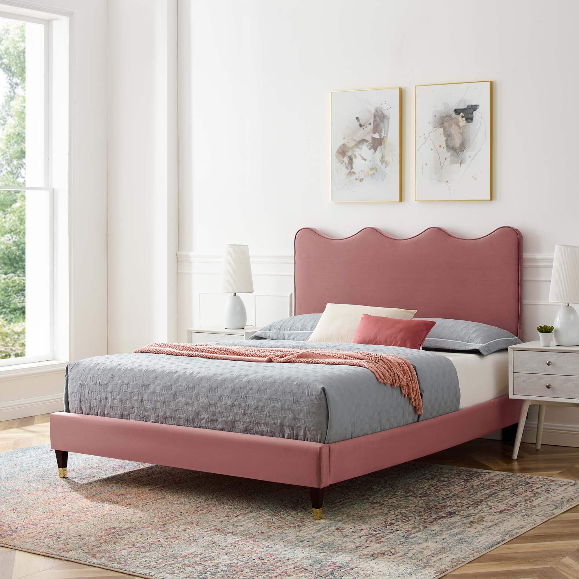 Current Performance Velvet Platform Bed With Wood and Gold Legs view 2