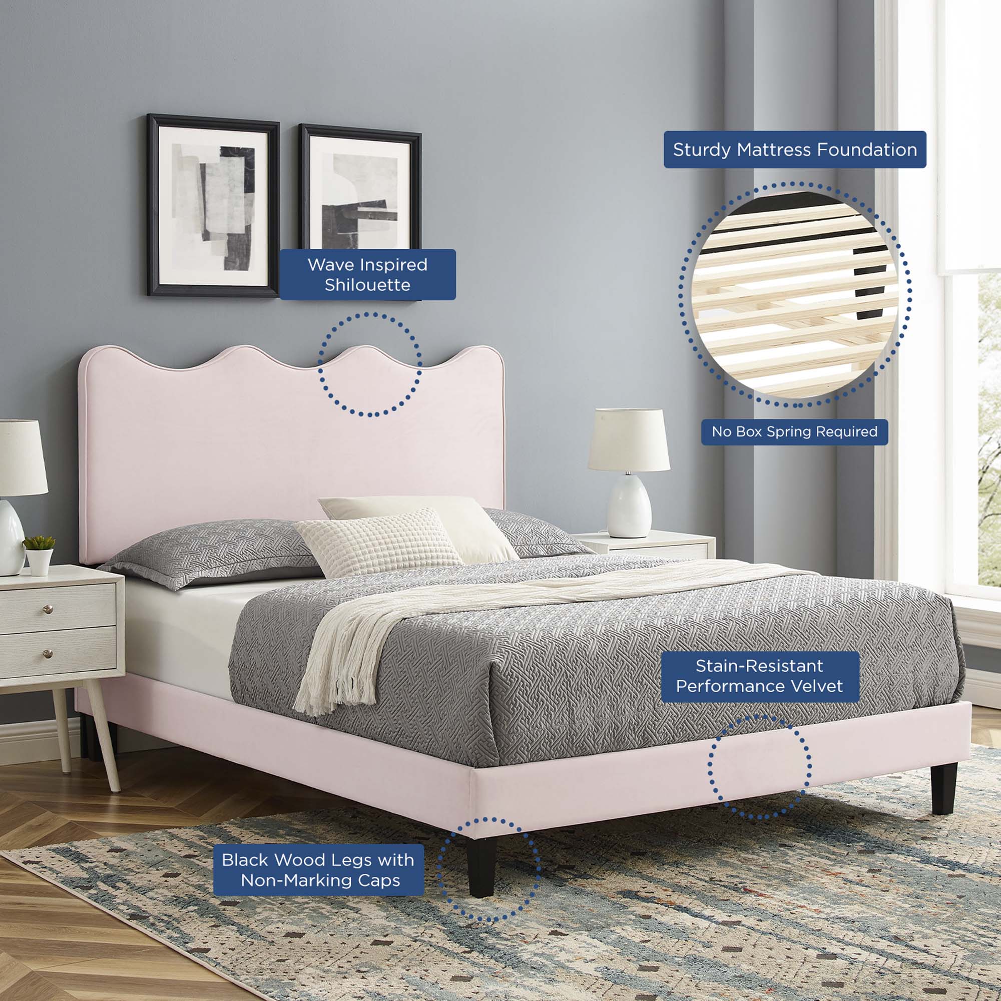 Current Performance Velvet Platform Bed With Black Wood Legs view 5