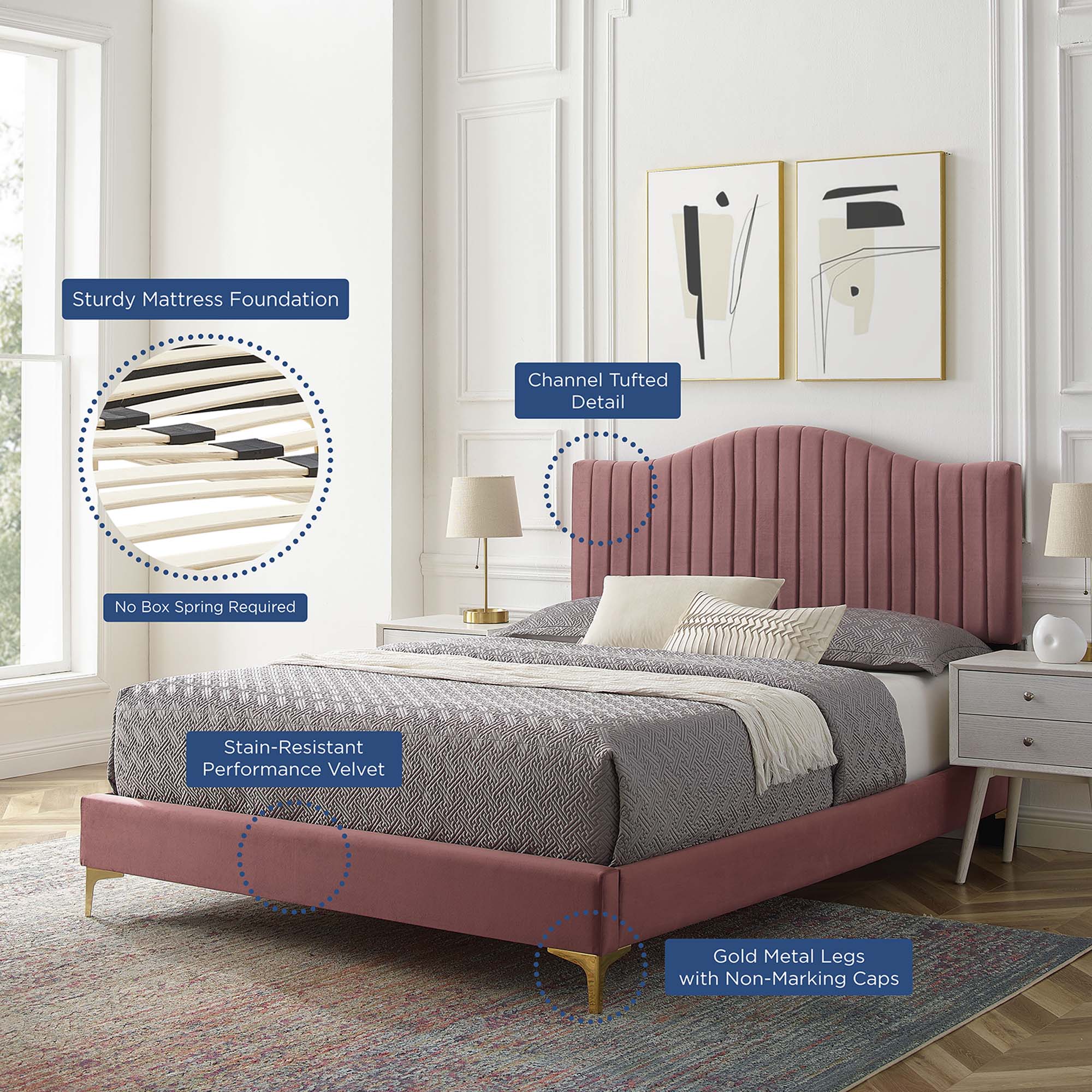 Juniper Channel Tufted Performance Velvet Platform Bed With Gold Metal Legs view 6