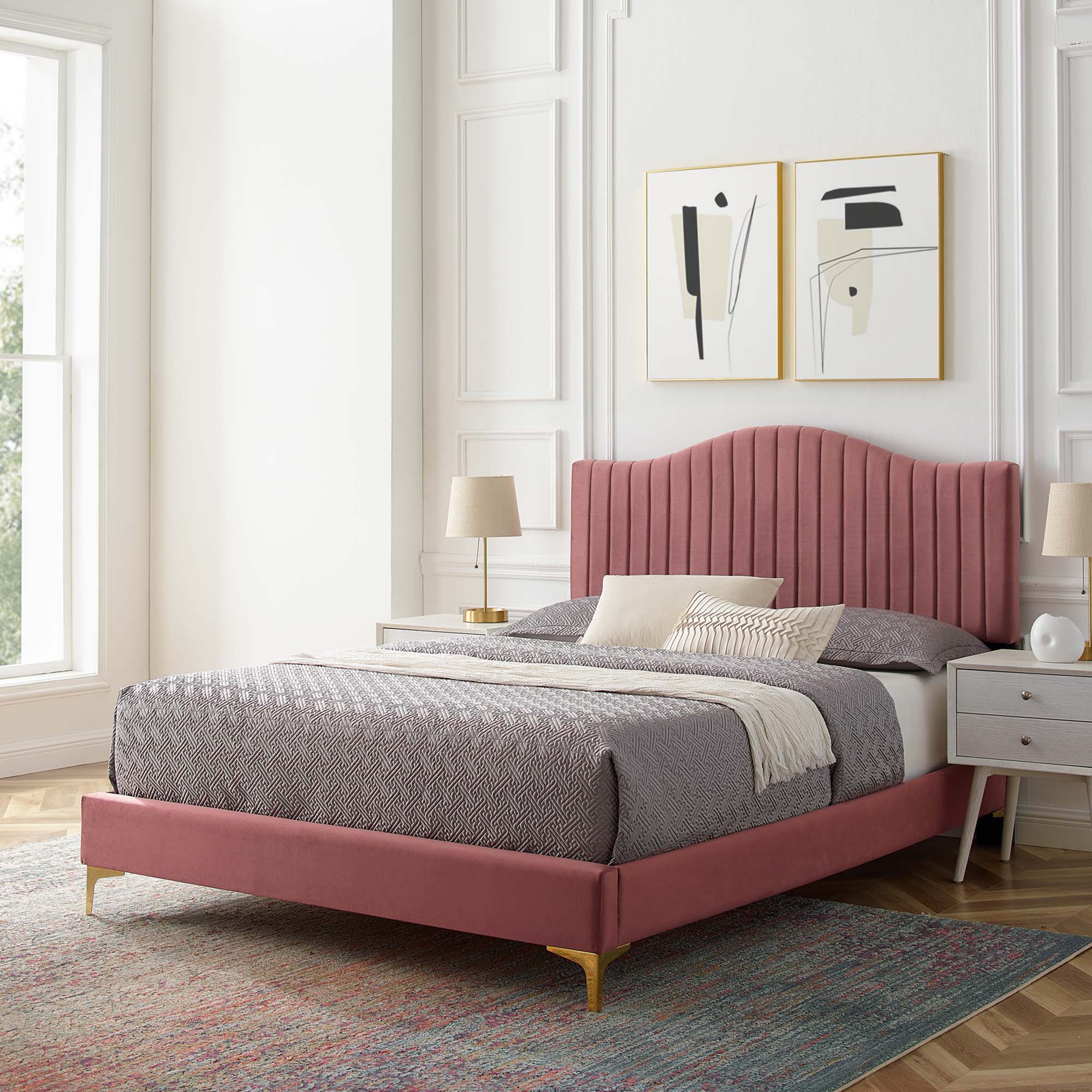 Juniper Channel Tufted Performance Velvet Platform Bed With Gold Metal Legs view 2