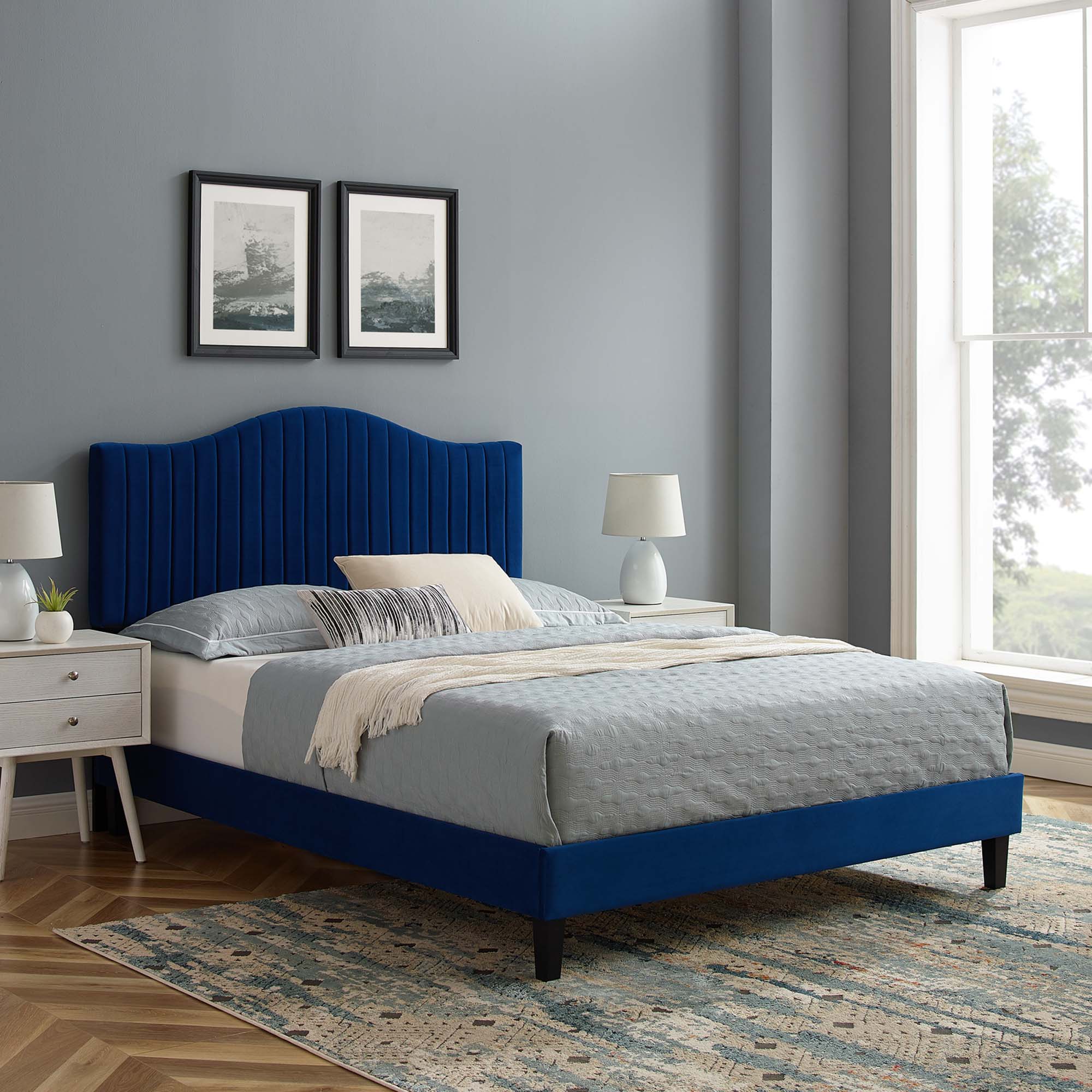 Juniper Channel Tufted Performance Velvet Platform Bed With Black Wood Legs view 2