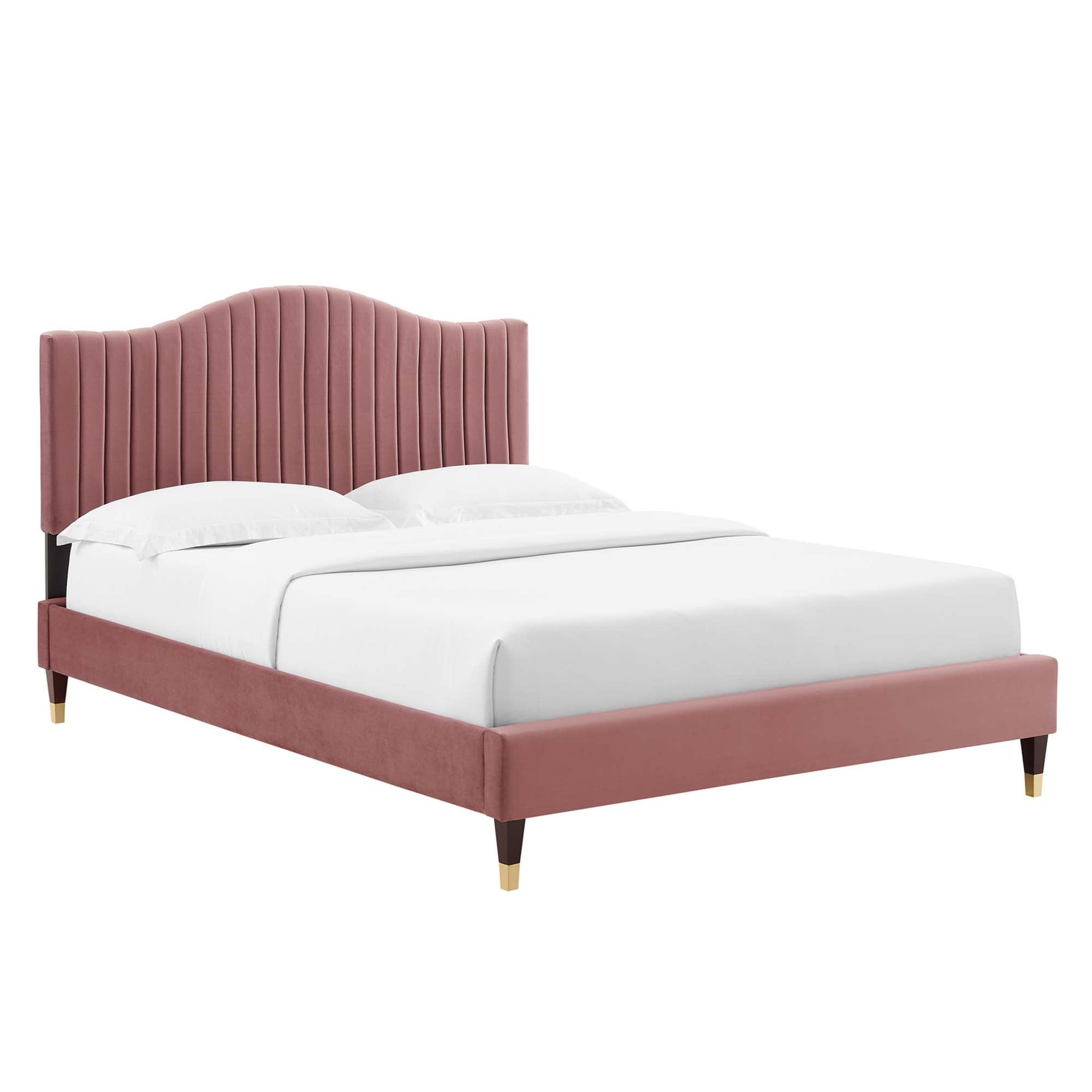 Juniper Channel Tufted Performance Velvet Platform Bed With Wood and Gold Legs view 1