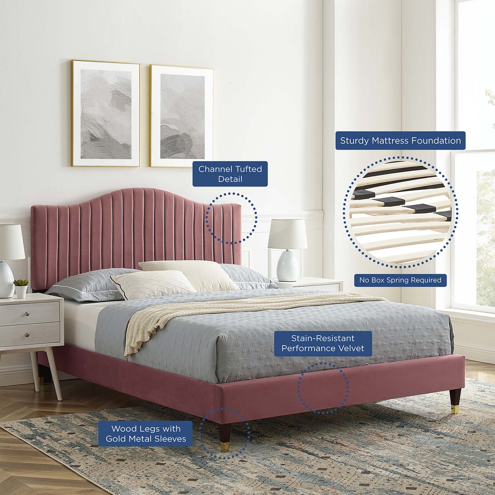 Juniper Channel Tufted Performance Velvet Platform Bed With Wood and Gold Legs view 6