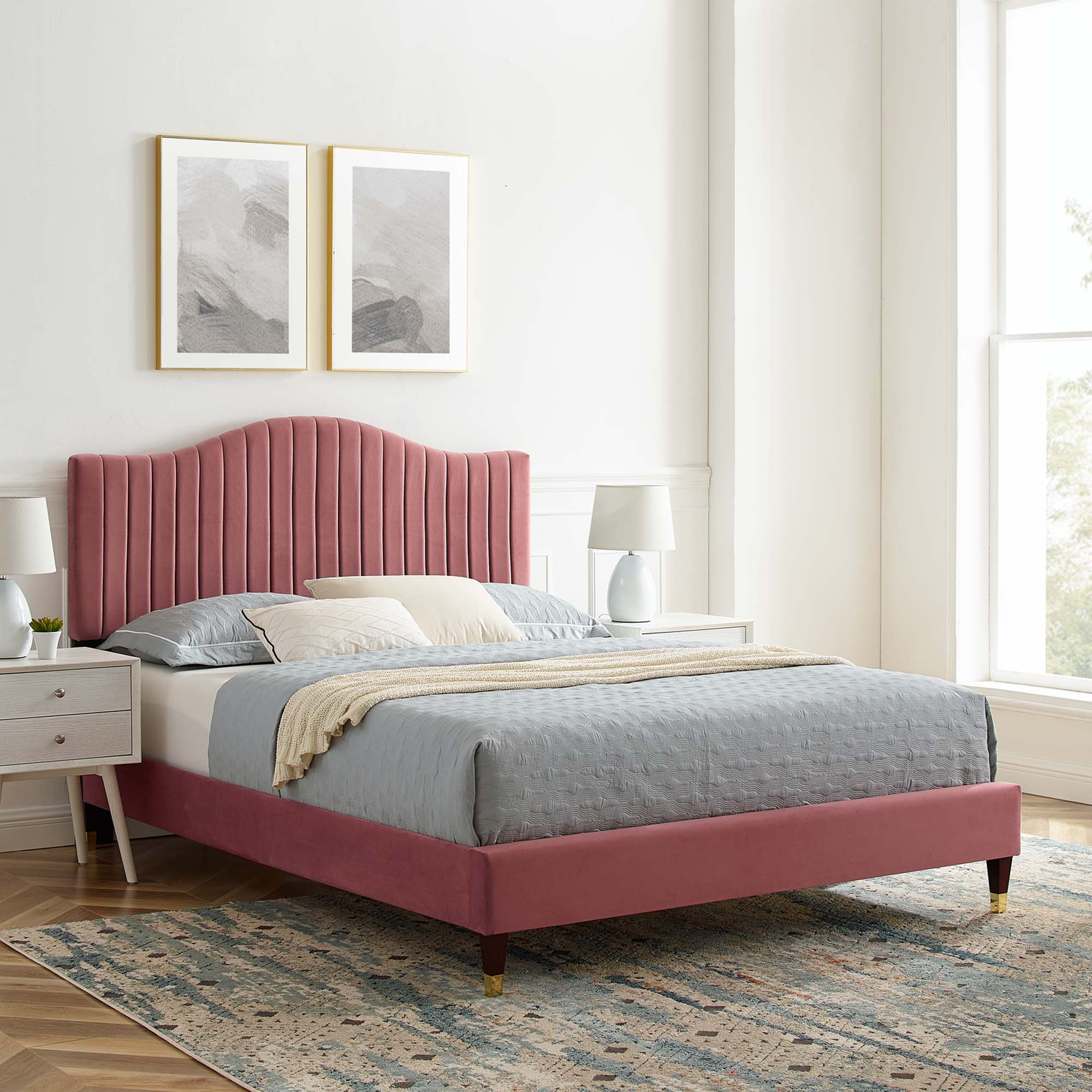 Juniper Channel Tufted Performance Velvet Platform Bed With Wood and Gold Legs view 2