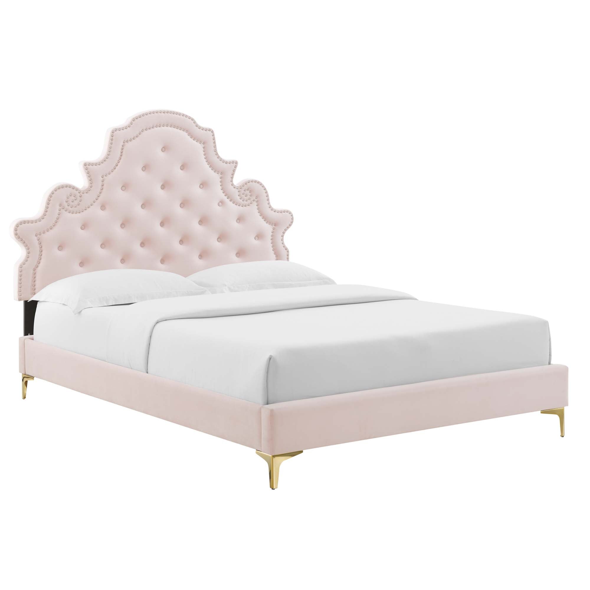 Gwyneth Tufted Performance Velvet Platform Bed With Gold Metal Legs view 1