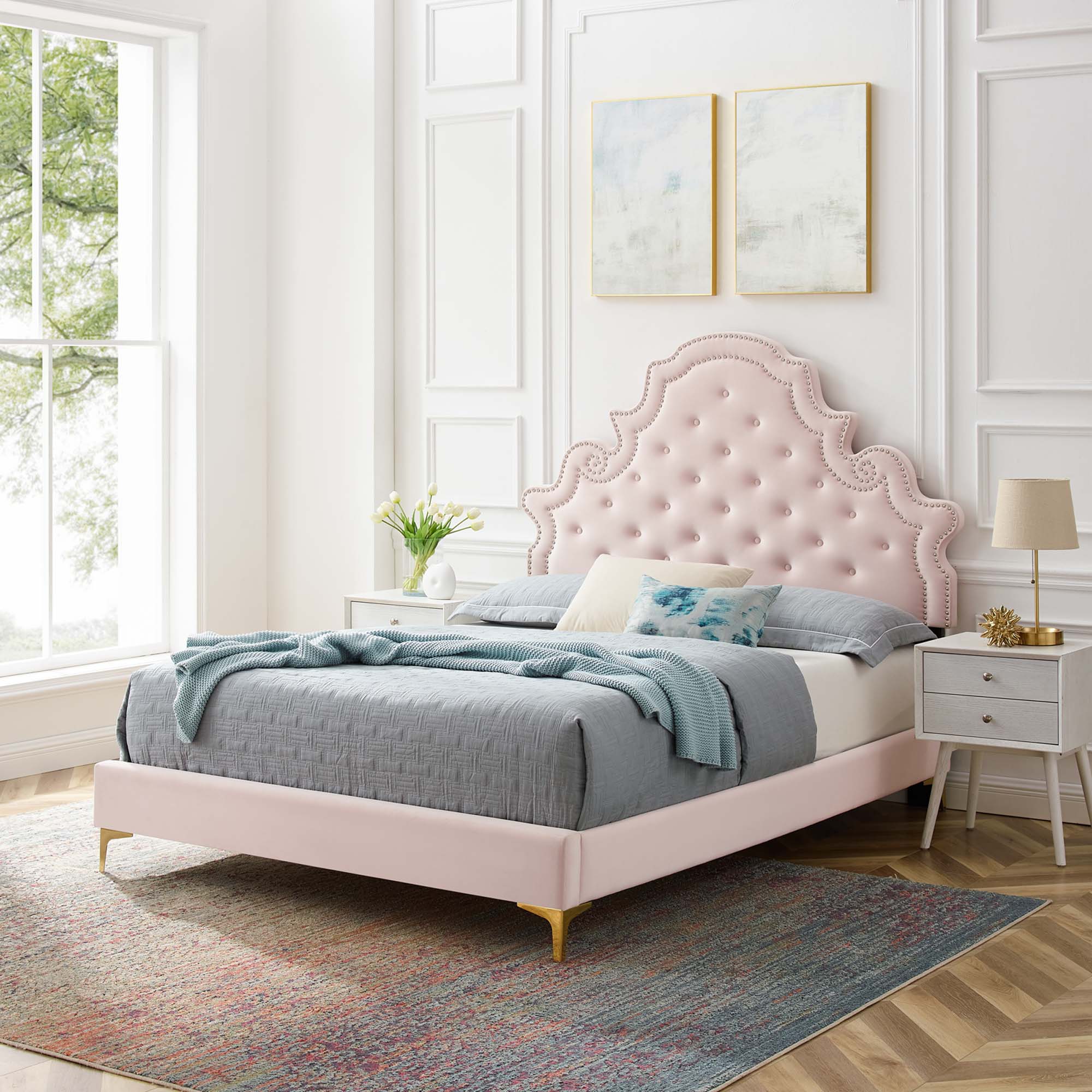 Gwyneth Tufted Performance Velvet Platform Bed With Gold Metal Legs view 2