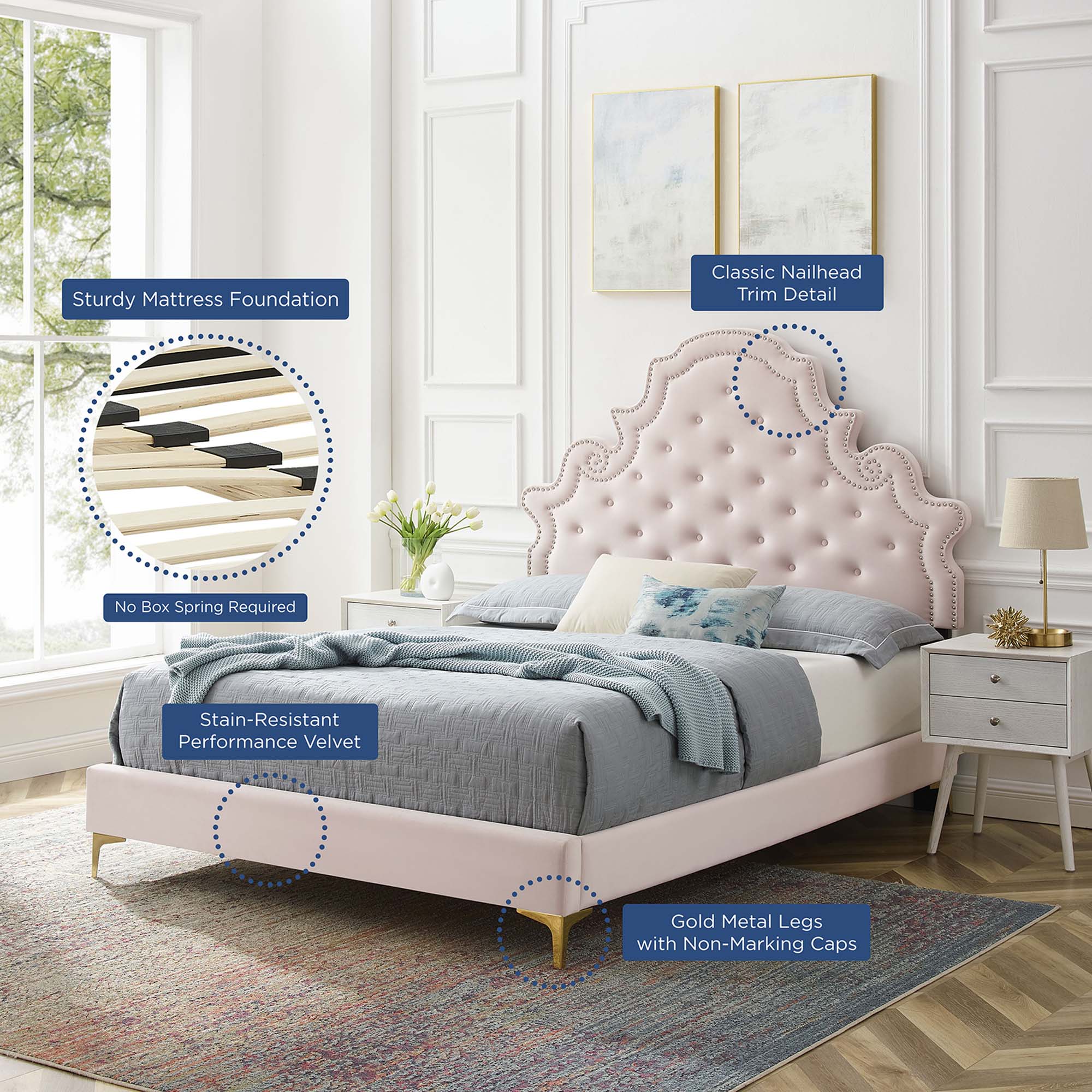 Gwyneth Tufted Performance Velvet Platform Bed With Gold Metal Legs view 5