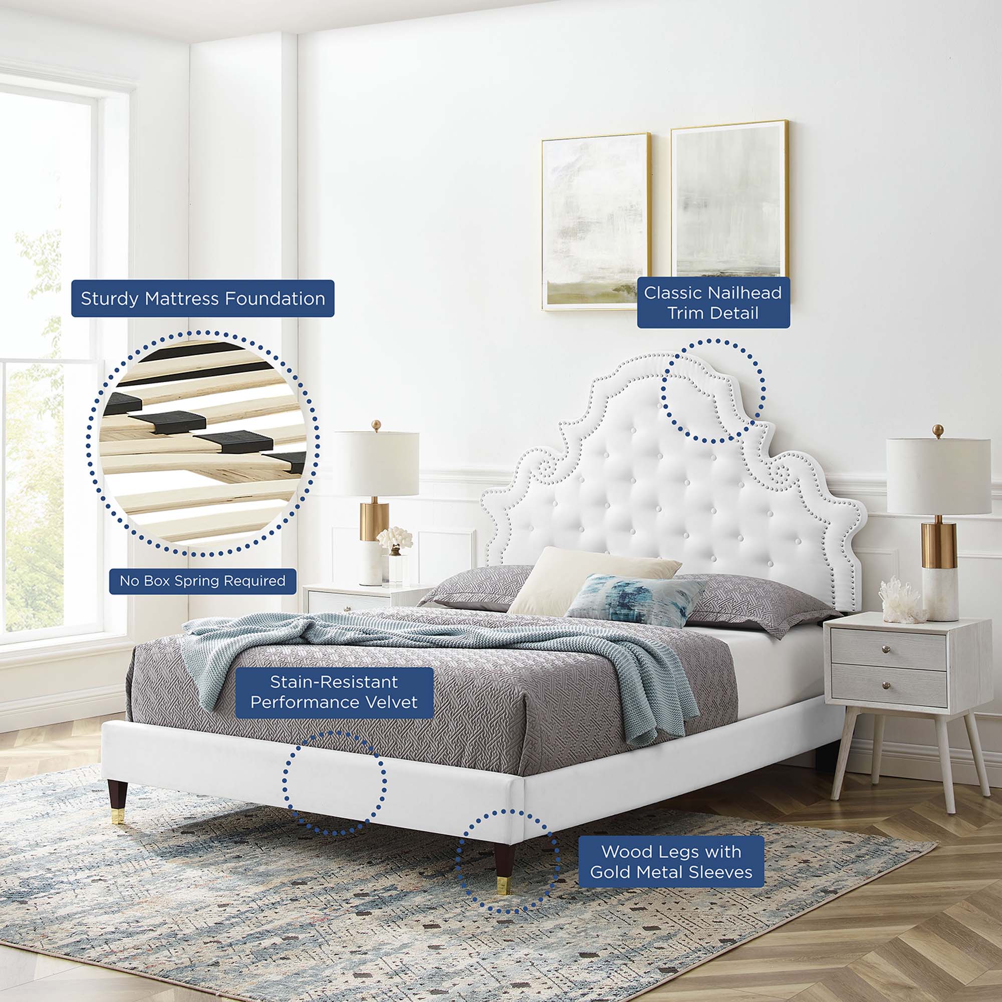 Gwyneth Tufted Performance Velvet Platform Bed With Wood and Gold Legs view 5